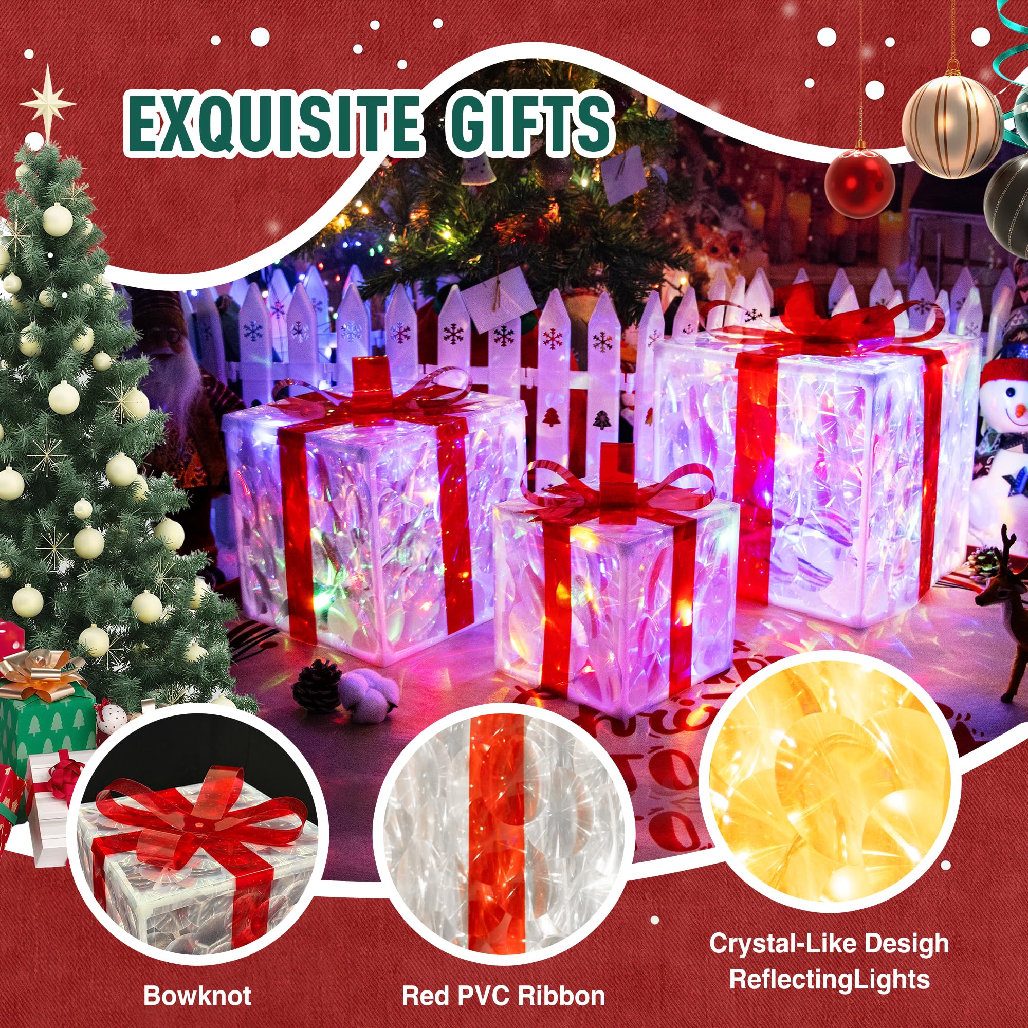 Set di 3 scatole regalo pieghevoli illuminate con 50 LED, ideali per decorazioni natalizie all'aperto e decorazioni natalizie per interni, per abbellire la decorazione natalizia del pavimento