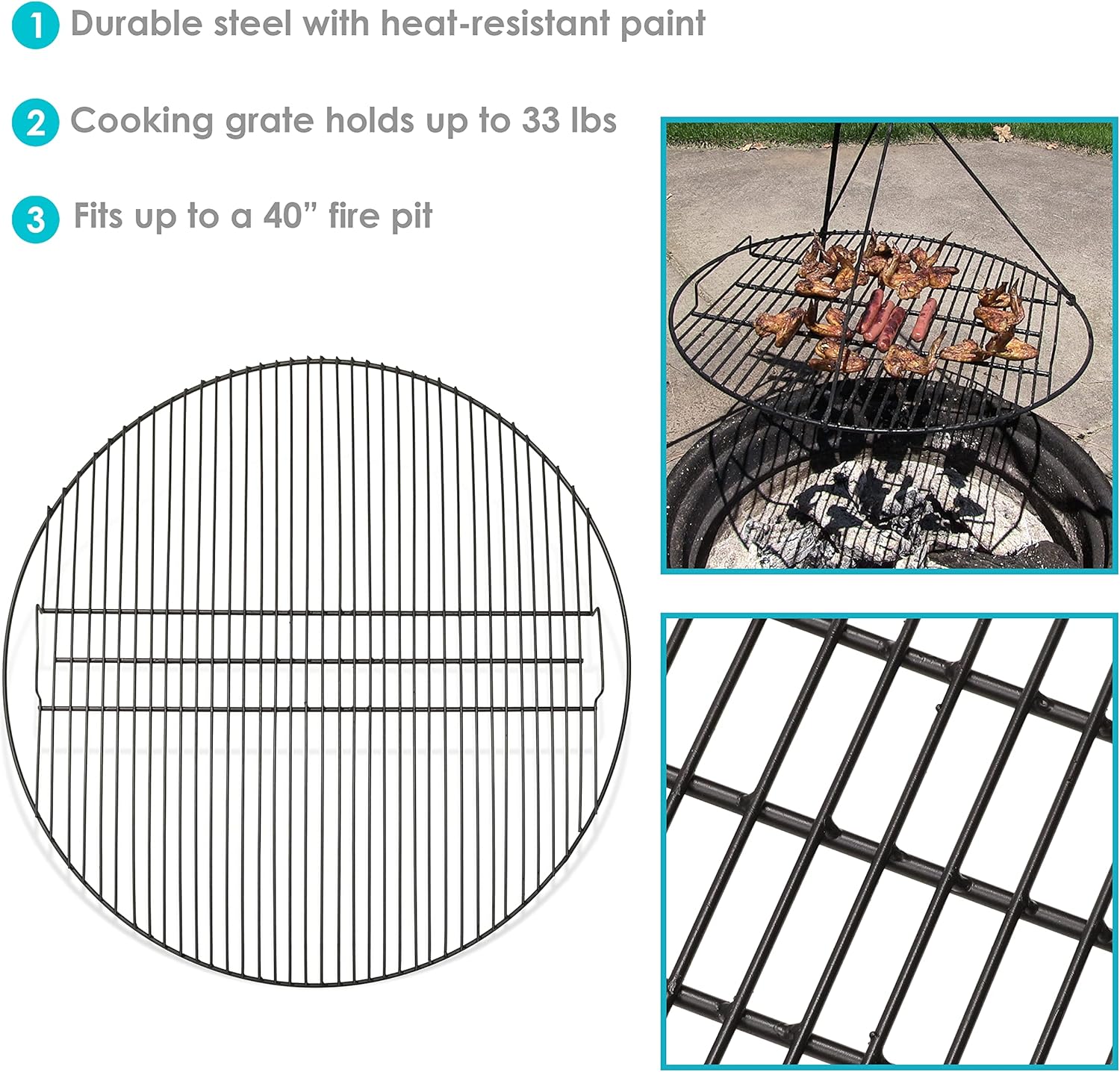 Sunnydaze Round Outdoor Fire Pit Cooking Grate - Heavy-Duty Black Steel Grilling Rack - 40-Inch