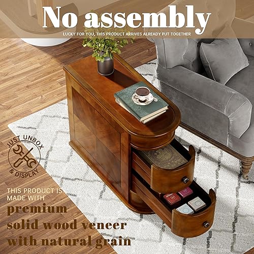 Miniatura 4 de Trggivs Mesa auxiliar de madera con 2 cajones, no requiere montaje, mesa auxiliar estrecha para sofá para sala de estar, mesita de noche delgada