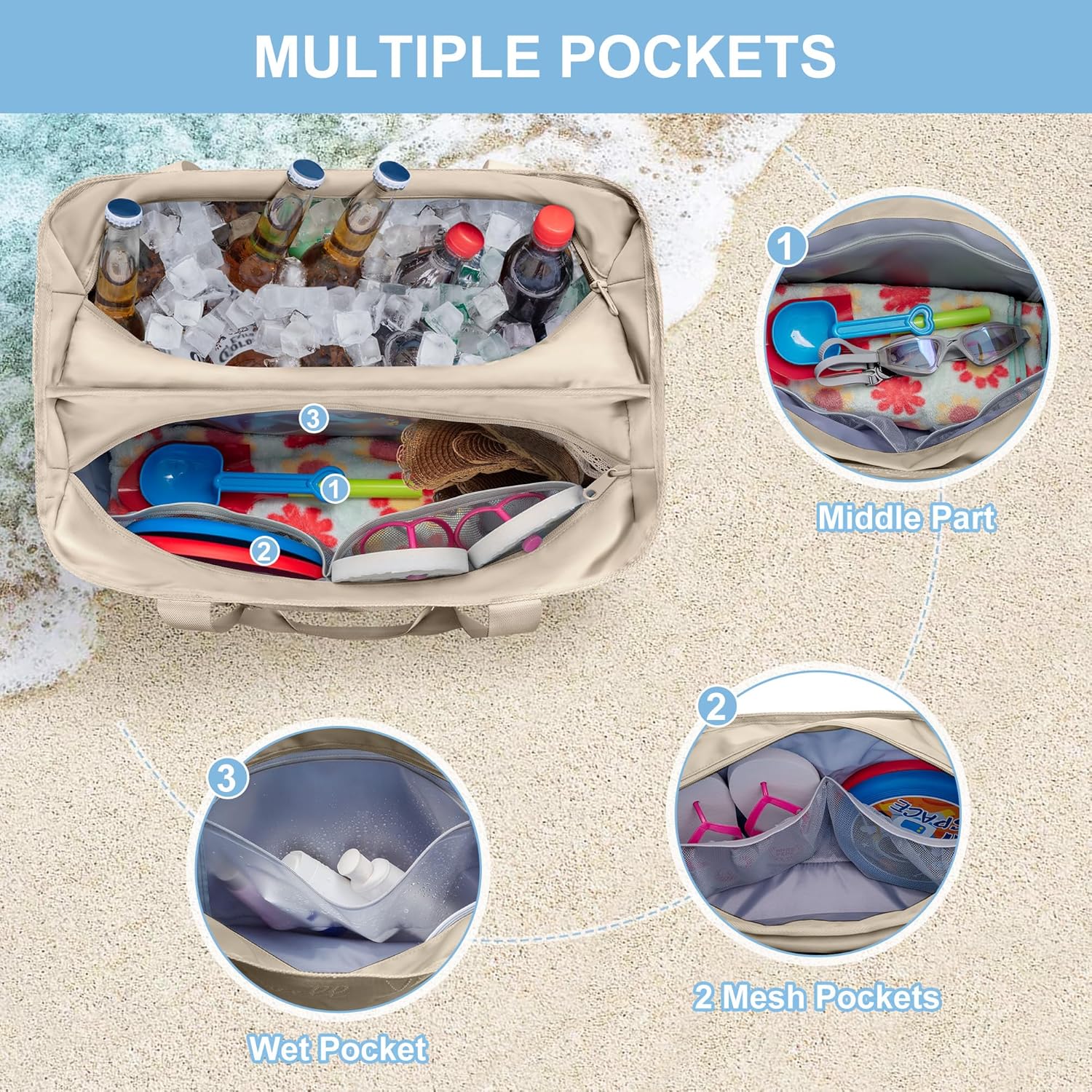 Yarwo Beach Bag for Women, Sandproof Swim Tote Bag with Cooler Compartment and Wet & Dry Pockets for Pool Cruise Vacation - Image 3