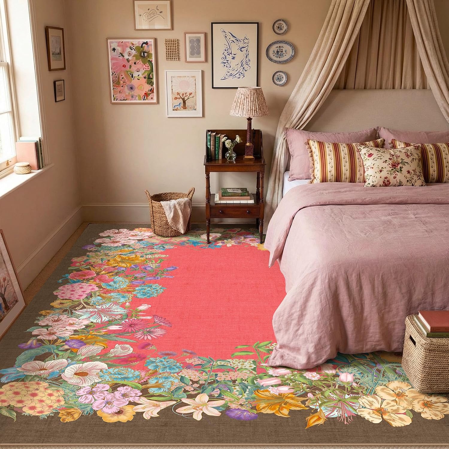 Kokia 6x9 Dusty Rose Vintage Botanical Cottage Washable Area Rug Bedroom