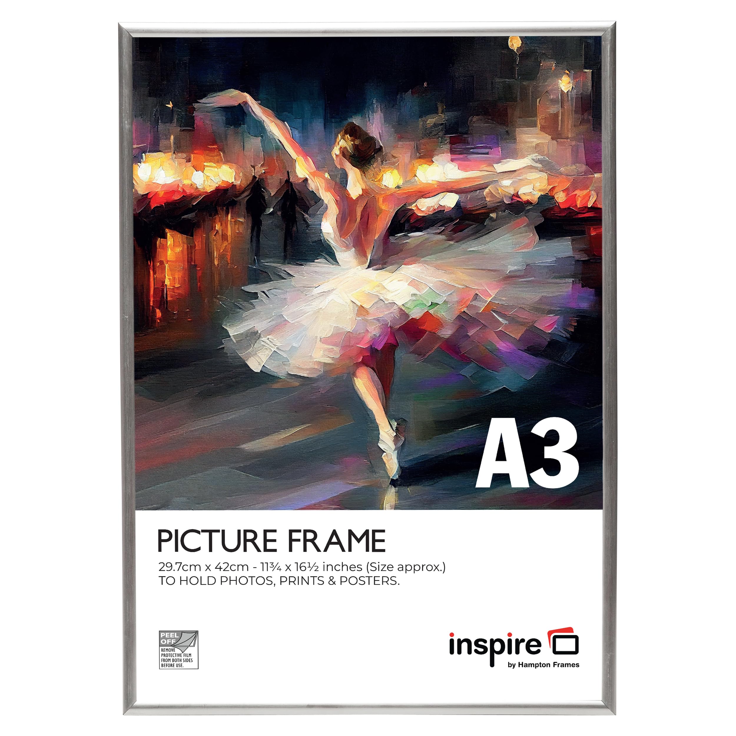 inspire by Hampton Frames BACKLOADER A3 Silver Poster Frame Acrylic (Non-Glass) Pack of 1, A3 (29.7x42cm)