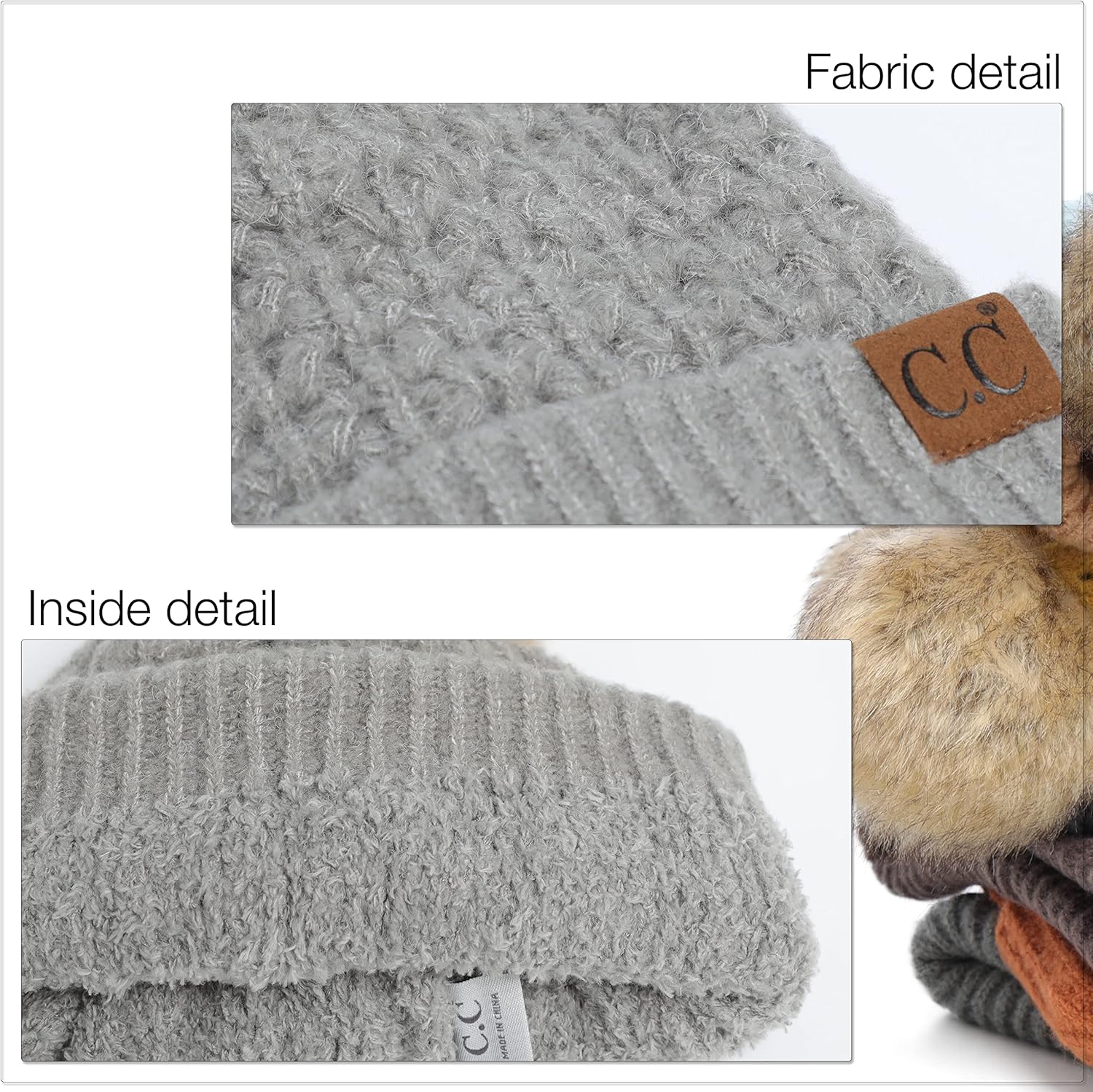 C.C Hatsandscarf エクスクルーシブ ユニ ソリッドリブビーニー ポンポン付き (HAT-43), スモックステッチパ