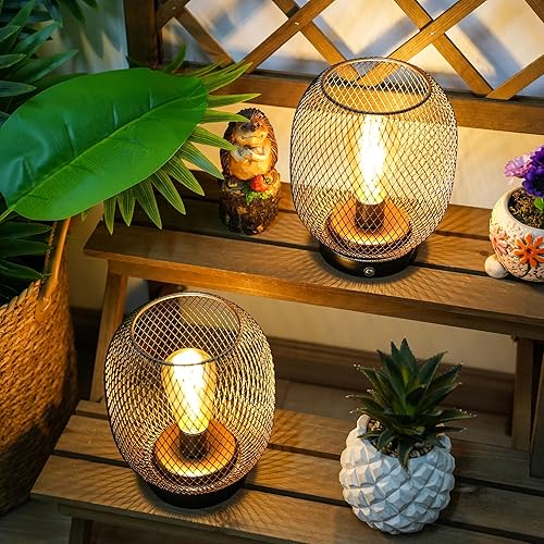 Miniatura 9 de JHY DESIGN Lámpara decorativa de jaula de metal de 8.7 pulgadas de alto, funciona con pilas, luz blanca cálida inalámbrica con bombilla LED estilo