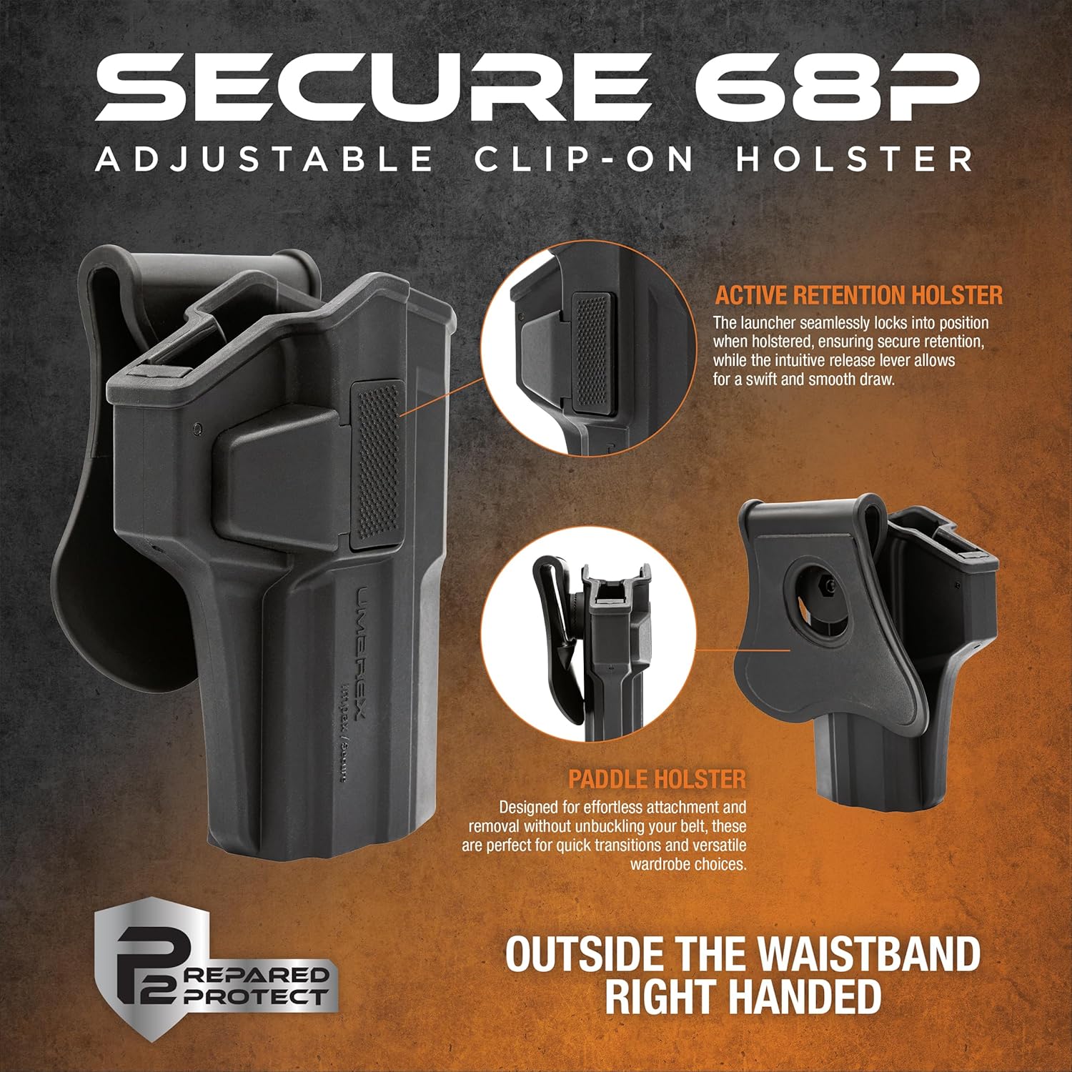 P2P Secure 68P Paddle Holster (Right Hand) — OWB Carry Holster for CO2-Powered Less-Lethal Launcher
