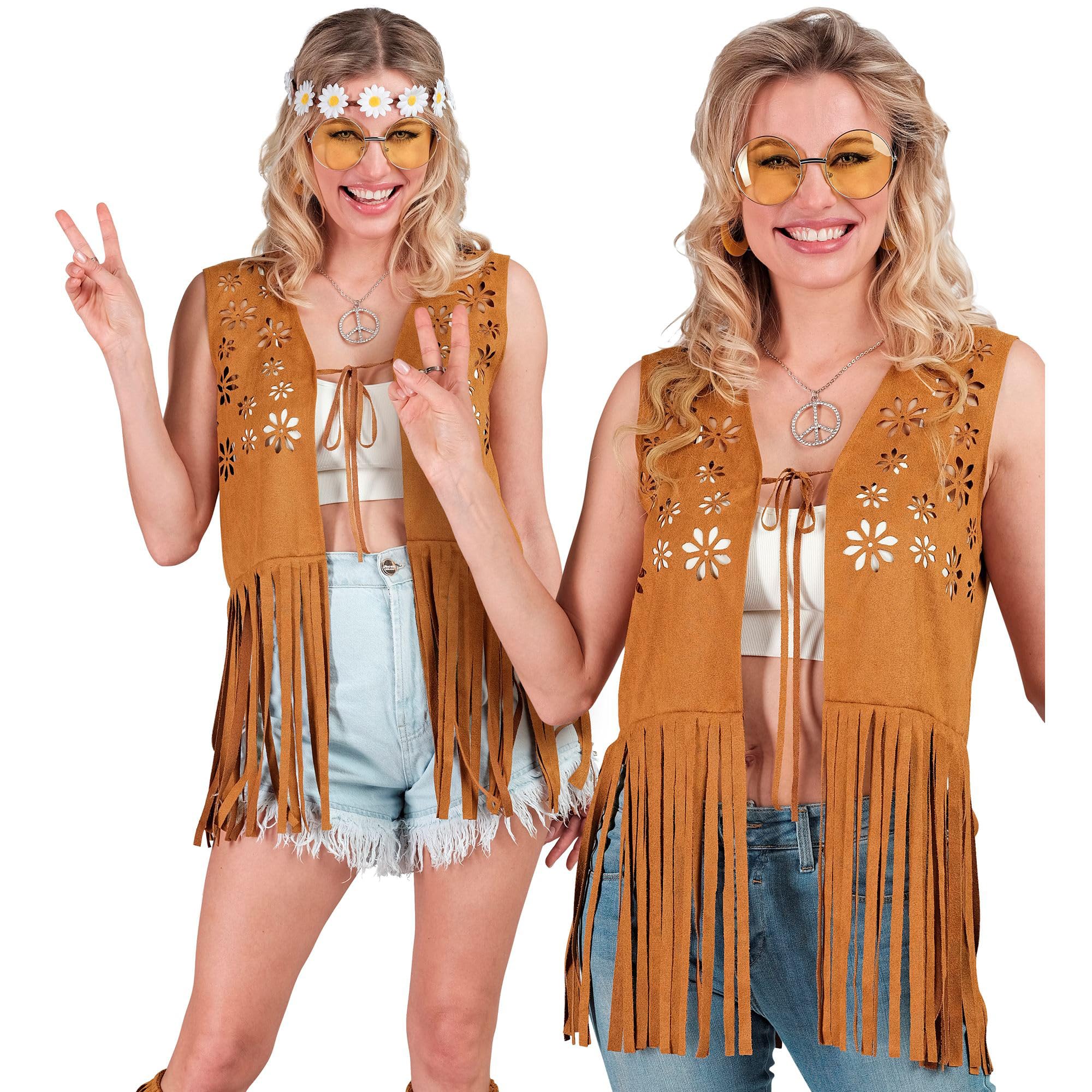 W WIDMANN MILANO Party Fashion - Kostium hippie, damska kamizelka z frędzlami, brązowy, strój festiwalowy