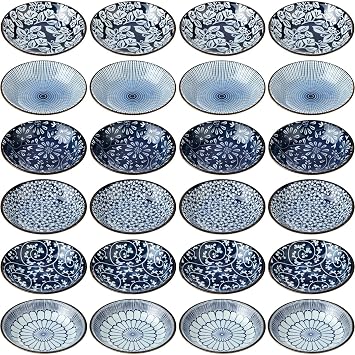 Ramede 24 Pcs Japanese Soy Sauce Dish 3.5 OZ Small Ceramic Dipping Bowls Bulk Mini Side Dishes Vintage Blue Seasoning Porcelain Pinch Bowl Set for Sushi Dip Snack Condiment Appetizer Ketchup BBQ Party