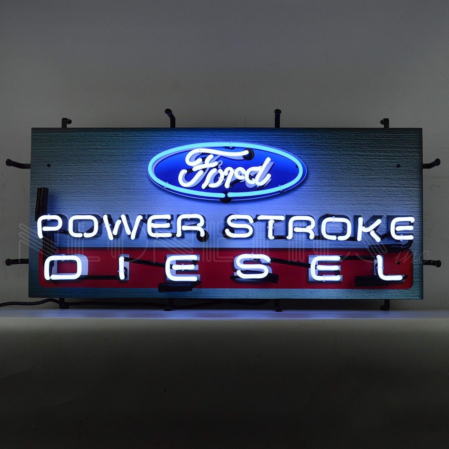 Ford Power Stroke Diesel Neon Sign With Backing by Neonetics - Official Ford OLP Licensed Product - Blue and White Hand Blown Real Glass Tubes, 32 Inches Wide by 15 Inches Tall - 5POWER