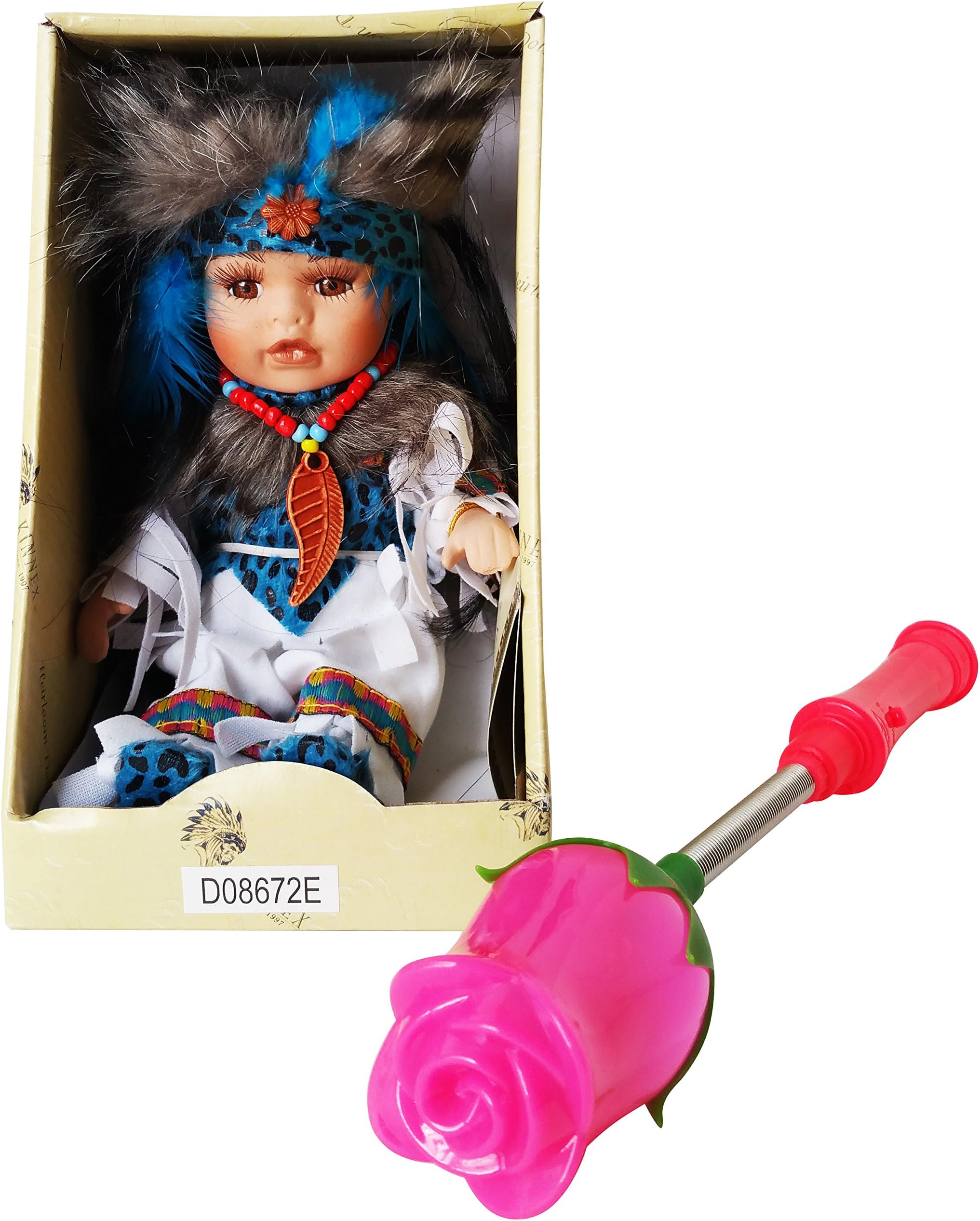 Little Cubs Porcelain Native American Doll in Traditional Indian Clothes from Kinnex Collectibles, (7") and Lighting Blinking Rose Valentines