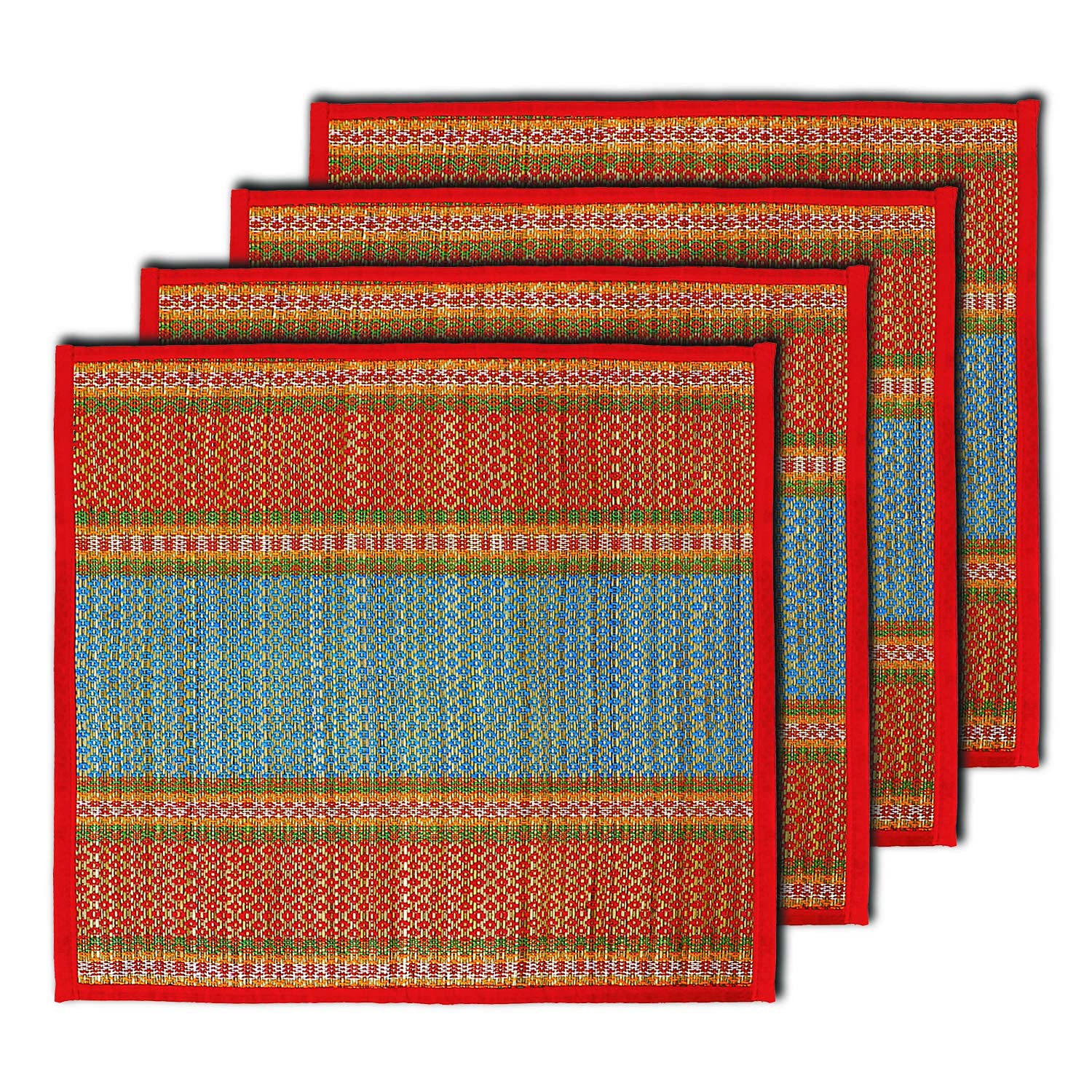 ORRIC Natural River Grass Handcrafted Pooja Floor Mats | Meditation Prayer Mat | Sitting Aasan Chatai Mat | Eco-Friendly 18x18 Inches Mat for Pooja & Meditation (Red, Pack of 4)-image-8