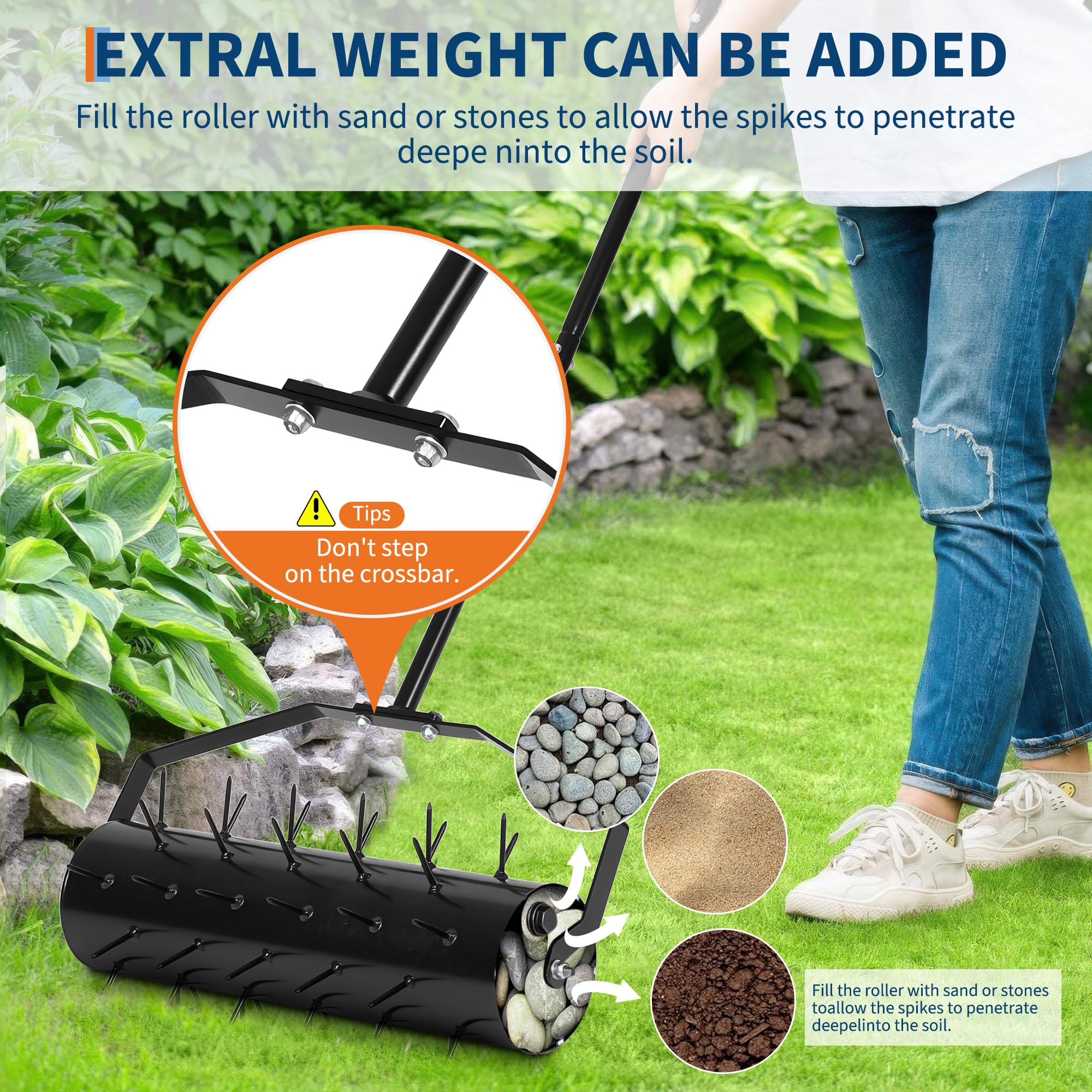 Garvee Aérateur de pelouse Manuel Roulant 180 cm – Solide, Pointes pénétrantes, 3 hauteurs réglables, poignée Ergonomique – Outil d’aération du Sol de Jardin pour Entretien de la pelouse, Montage