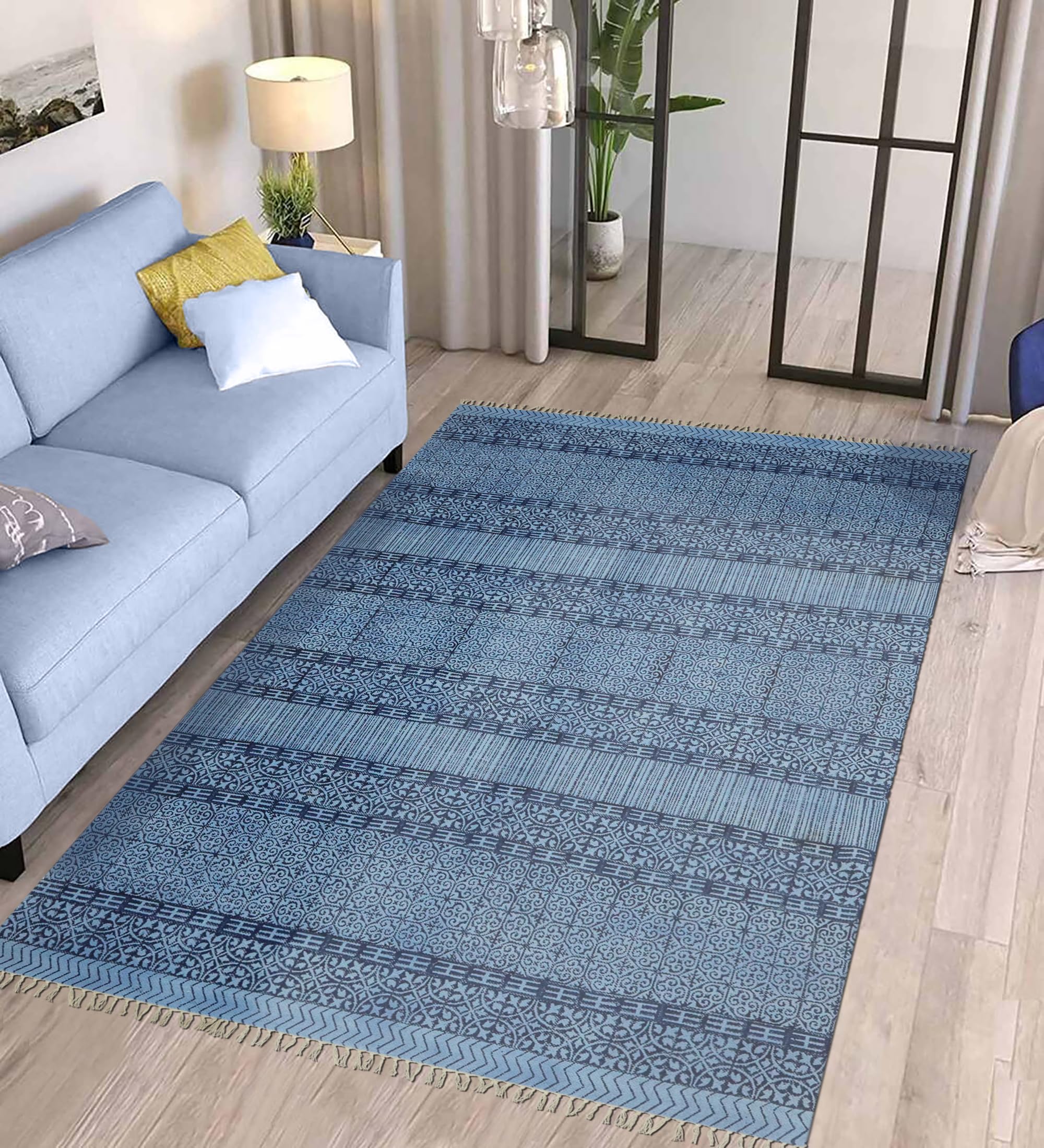 Bawełna Dhurrie 2 x 6 kilim bieżnik królewski niebieski geometryczny wzór ręcznie zmywalny chodnik 0,5 cm grubości, ręcznie robiony boho do użytku wewnątrz na zewnątrz, płaskie dywany do