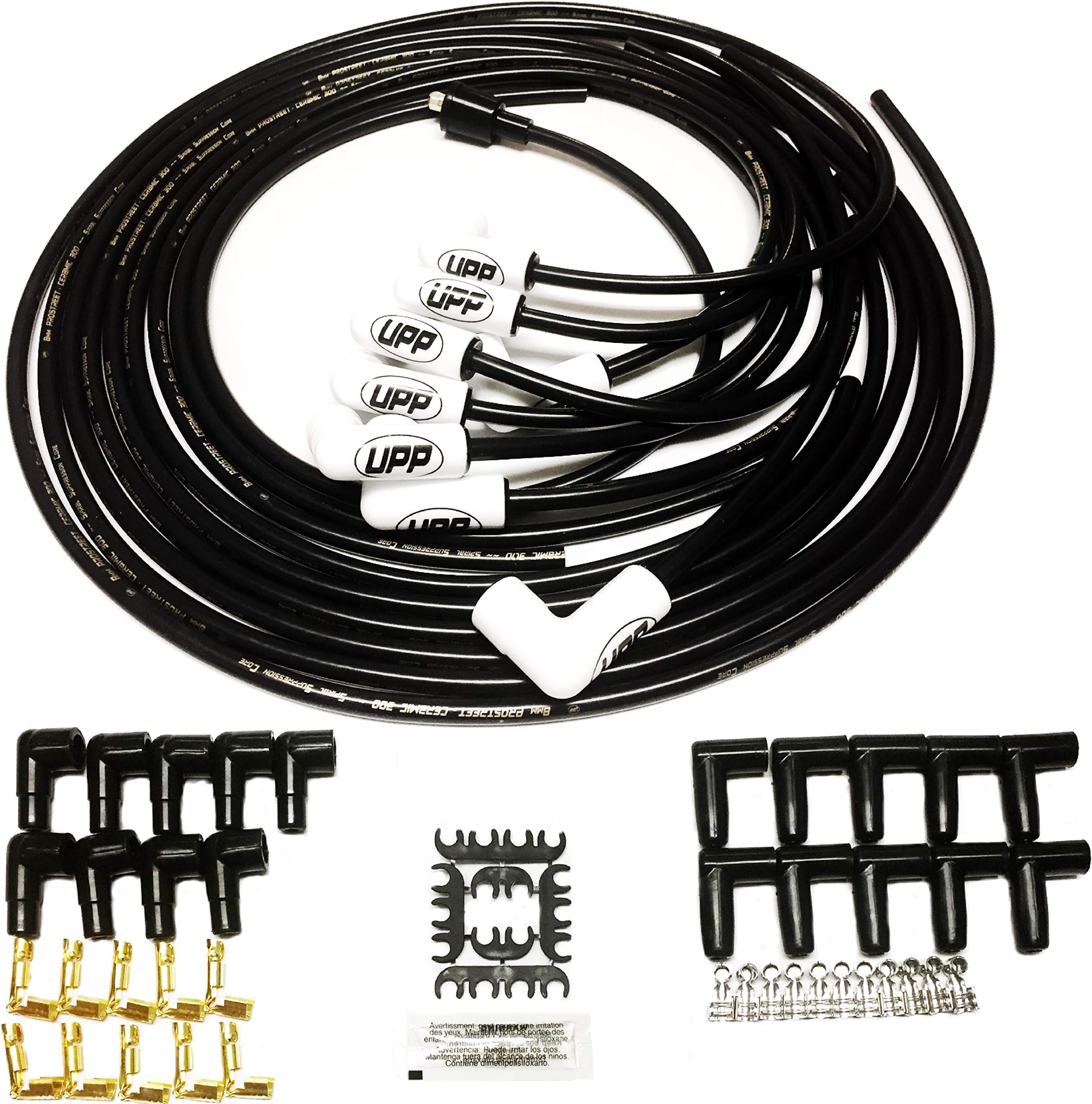 UPP - PROSTREET CERAMIC 300-8mm Ceramic Universal Spark Plug Wire Set - 300 ohm Wire Wound Core with 90 Degree 2000F Ceramic Boots - Fits Chevy SBC BBC 283 350 383 400 427 454