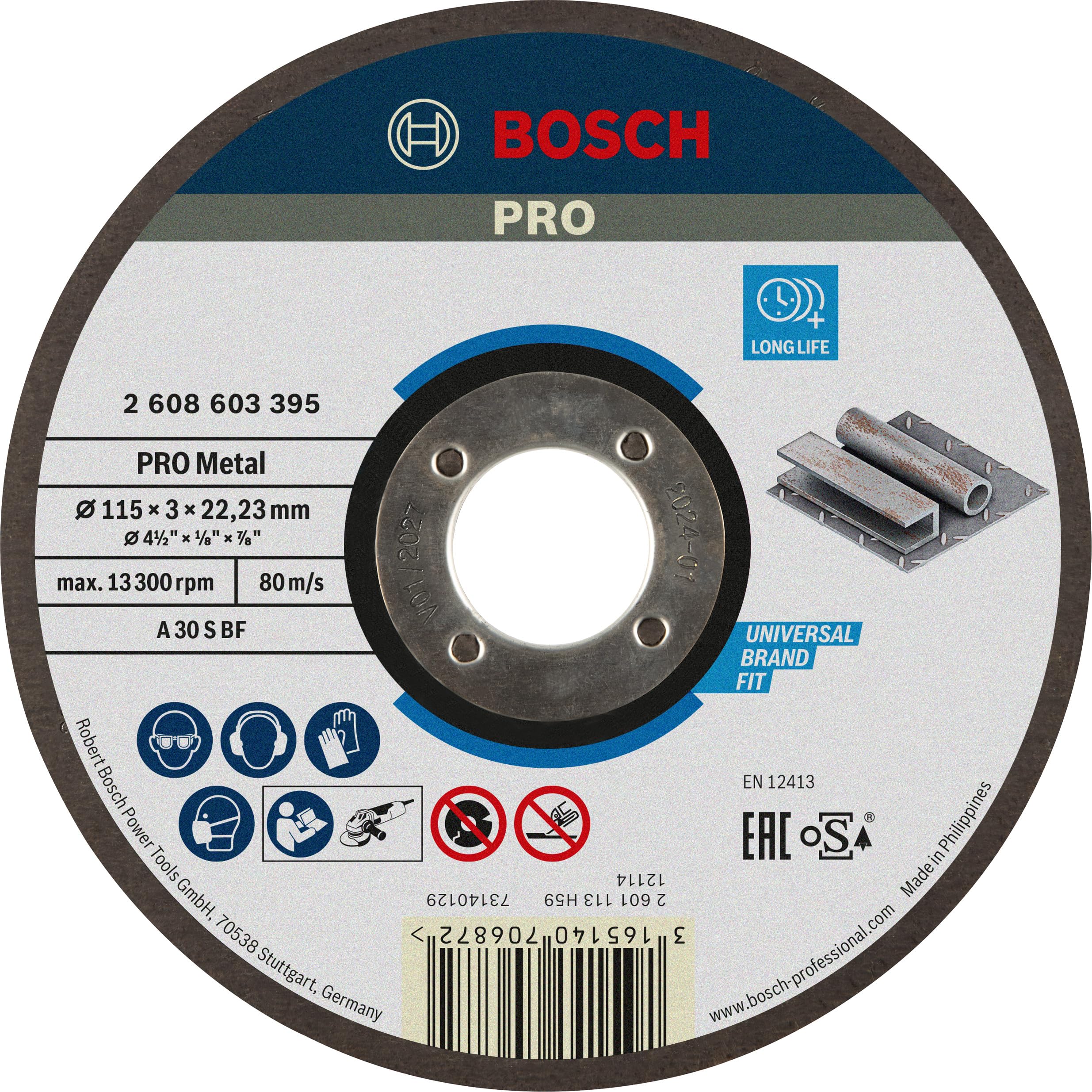 Bosch 1X Pro Metal Longlife Cutting Disc For Small Angle Grinder And Bore 22.23 Mm (For Steel, Ø 115 Mm, Professional Accessory Small Angle Grinder)
