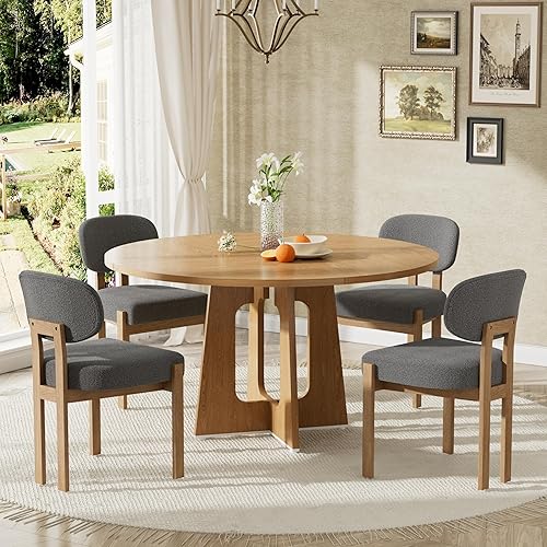 Miniatura 11 de Moderno juego de mesa de comedor de 5 piezas con 4 sillas, mesa de comedor redonda de madera de nogal MDF, sillas tapizadas de tela gris con patas