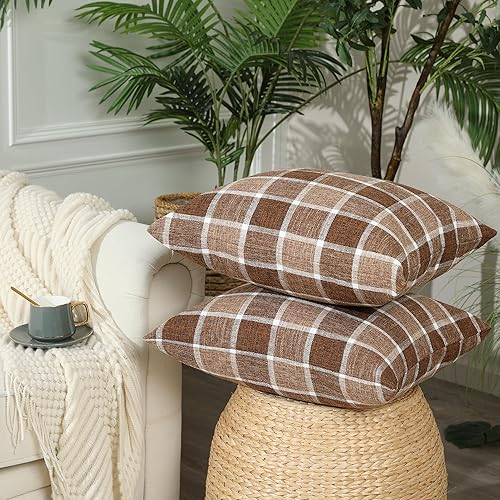 Miniatura 2 de Stellhome Paquete de 2 fundas de almohada de lino de otoño a cuadros, fundas de cojín decorativas para sofá, sala de estar, 18 x 18 pulgadas, color