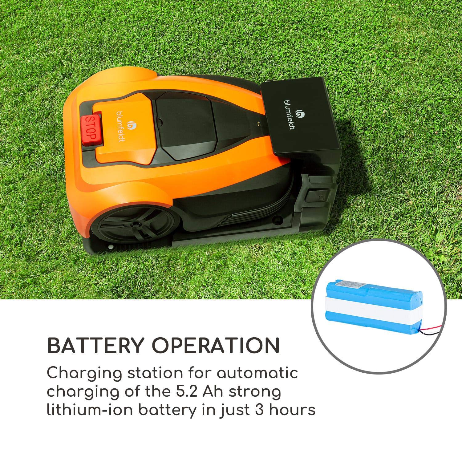 Blumfeldt Garden Hero – Robot cortacésped, batería de Litio de 5,2 Ah, Incluye estación de Carga, Carga automática, autonomía hasta 180 min., Superficie hasta 1.200 m², Certificado IPX4, Salmón