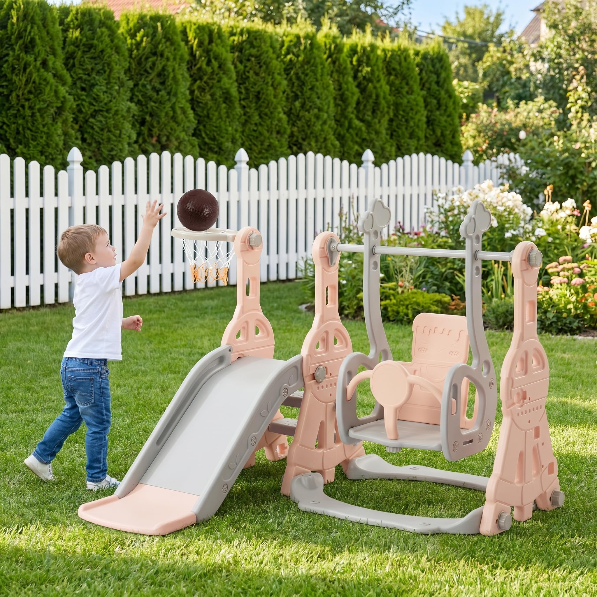 Tobogán infantil 4 en 1 con cesta de baloncesto, escalada, columpio, tobogán interior para niños, toboganes infantiles con columpio, zona de juegos interior y exterior