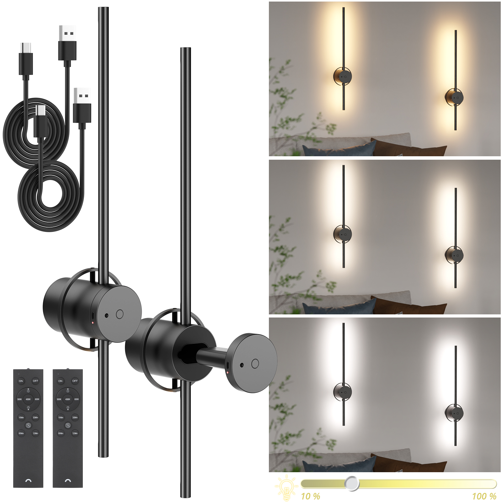 Image of Battery Operated Wall Sconces Set of 2, Rechargeable Wall Sconce with Remote Low Battery Reminder Dimmable 360Rotate Timing, Wireless Rechargeable Wall Lights for Living Room Bedroom Hallway Black
