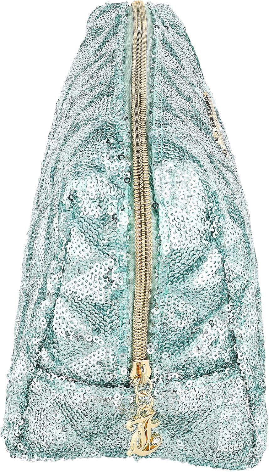 Juicy Couture Blue Makeup Bag Cosmetics Organizer Travel Essentials Zip Top Wedge Sparkle Sequin