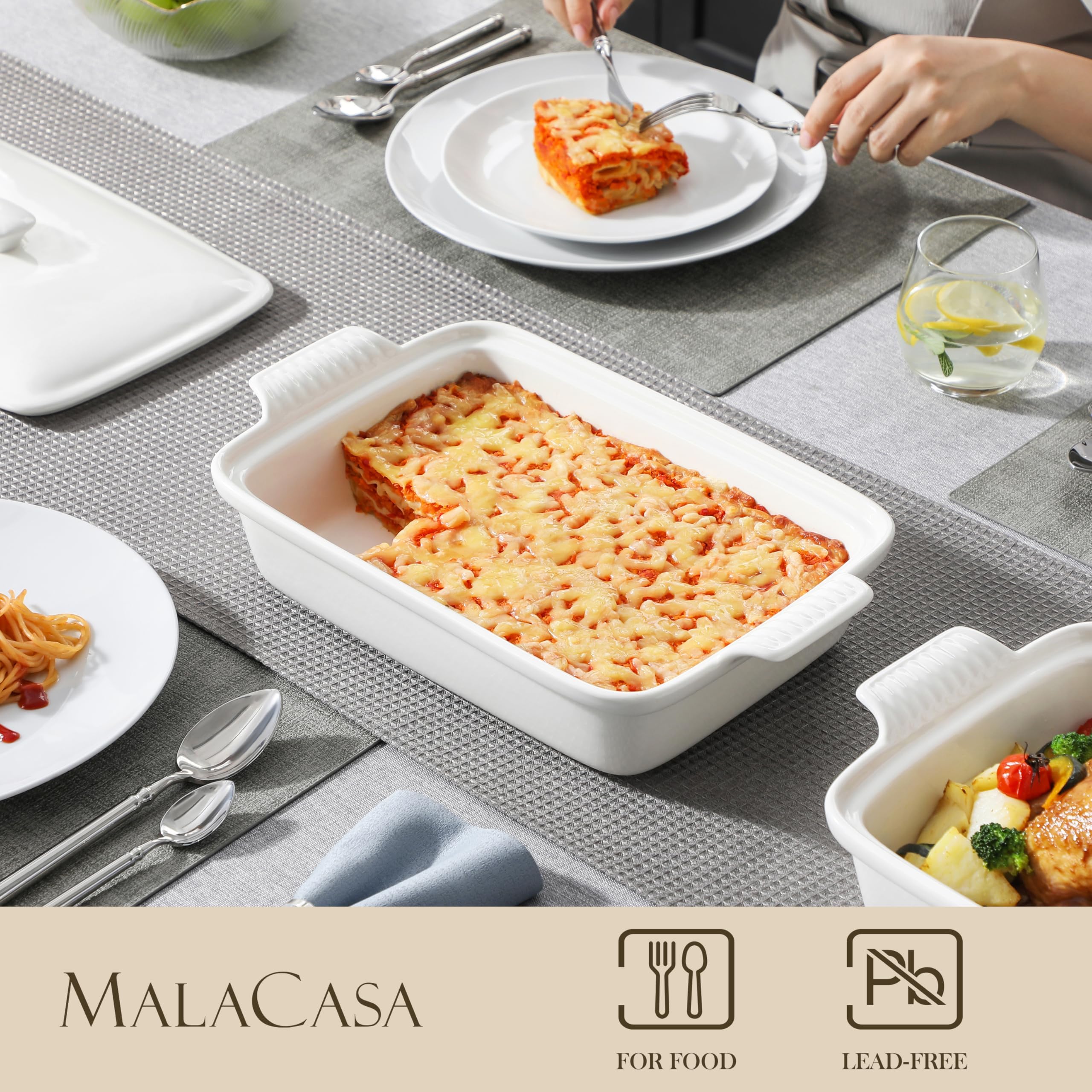 MALACASA Teglia da Forno in Porcellana 2925 ml con Coperchio e Manici, 37,5 x 22,7 x 7,8 cm, Pirofila Rettangolare per Lasagne, Arrosti e Verdure al Forno, Adatta alla Lavastoviglie, Bianca