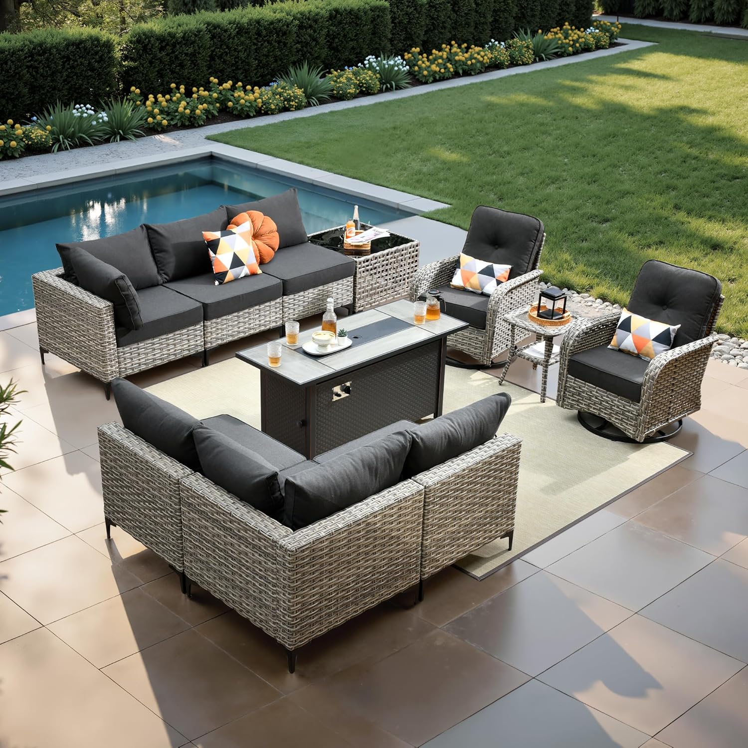 11 Pcs Patio Furniture with Fire Pit Table, Outdoor Rattan Wicker Conversation Set with Glowing Coffee Table, Comfy Sectional Sofa for Porch Balcony Backyard Pool, Black