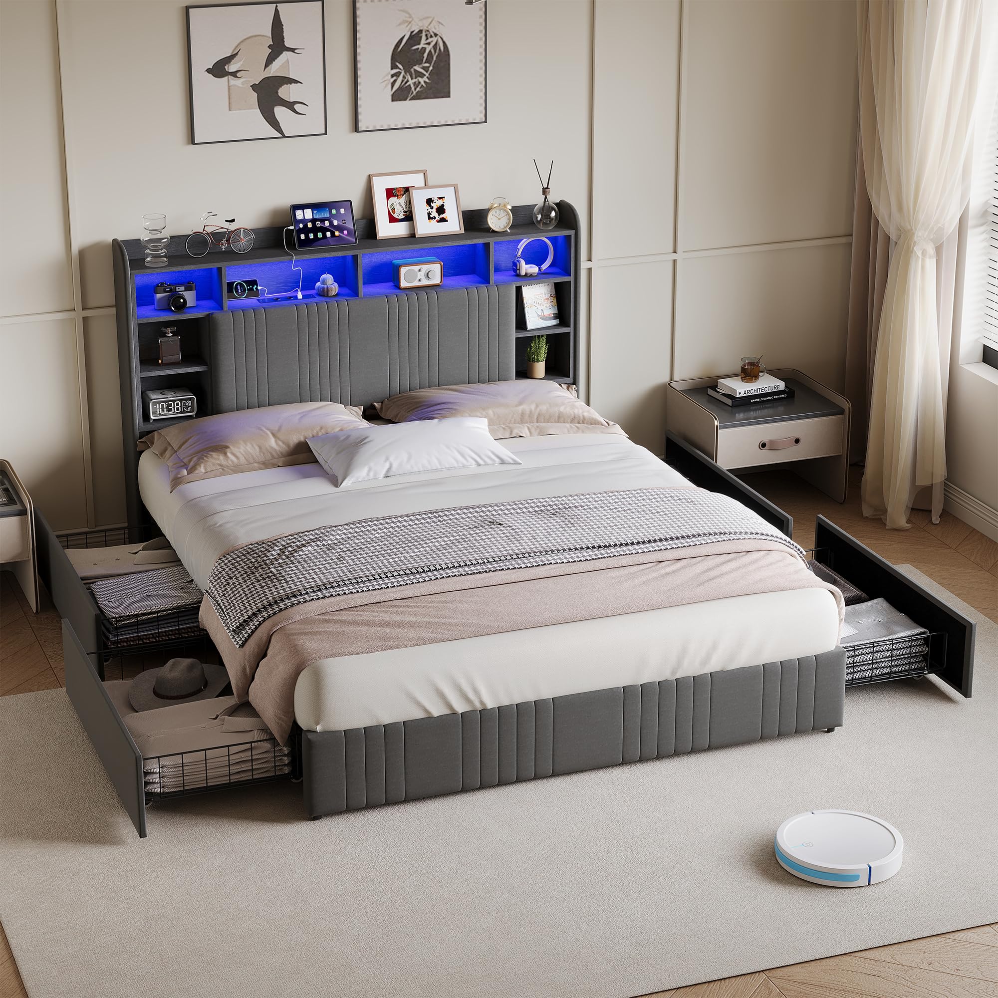 Bed 140x200, gestoffeerd tweepersoonsbed met led en 4 laden, hoofdeinde met opbergruimte, gevoerd opbergbed, bedframe met lattenbodem, modern tienerbed, volwassen bed, linnen, grijs, zonder matras
