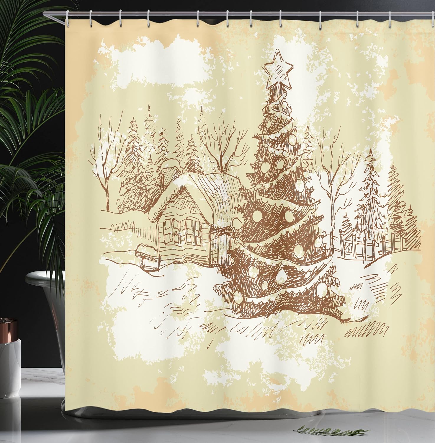 Ambesonne Christmas Shower Curtain, Vintage Pastoral Winter Scenery with Christmas Tree Picture Traditional, Cloth Fabric Bathroom Decor Set with Hooks, 69" W x 84" L, Beige