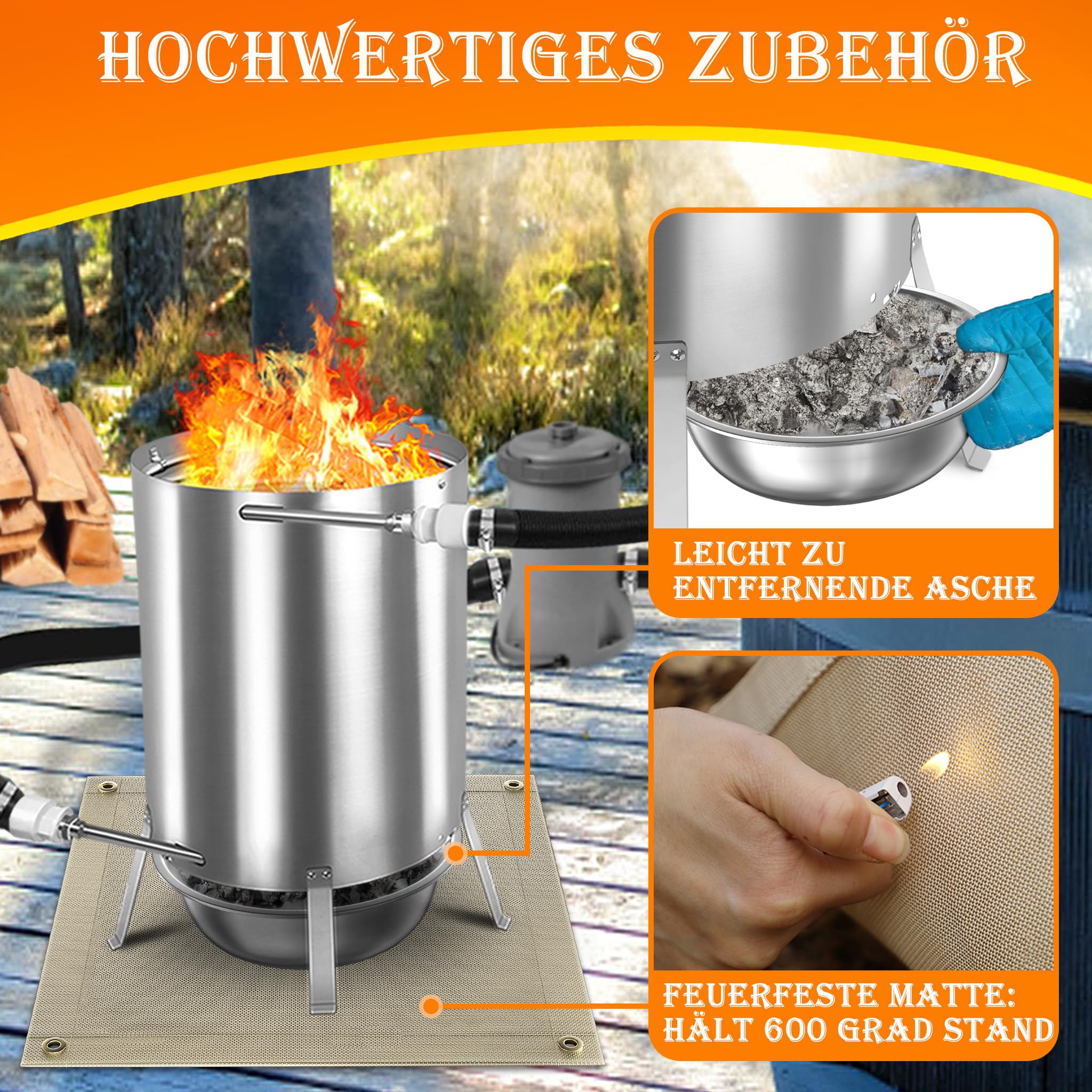 Froadp Zwembadverwarming met vuur, houten verwarmde vuurton van roestvrij staal met verwarmingsspiraal 32/38 mm aansluiting, zwembadverwarming hout, zwembadverwarming voor zwembaden, verwarmbare