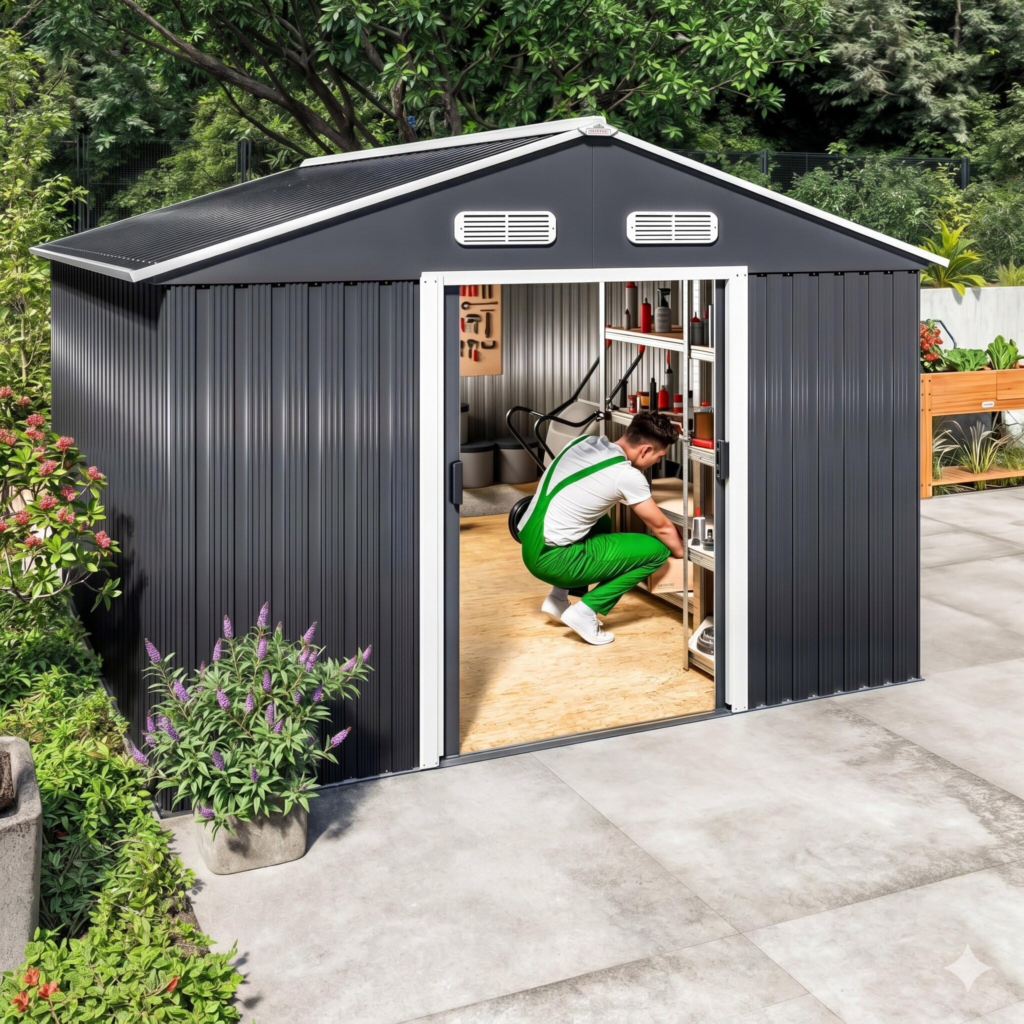 GARDEBRUK® 8x10ft Metal Garden Shed, Foundation, 315x260x180cm, Anthracite