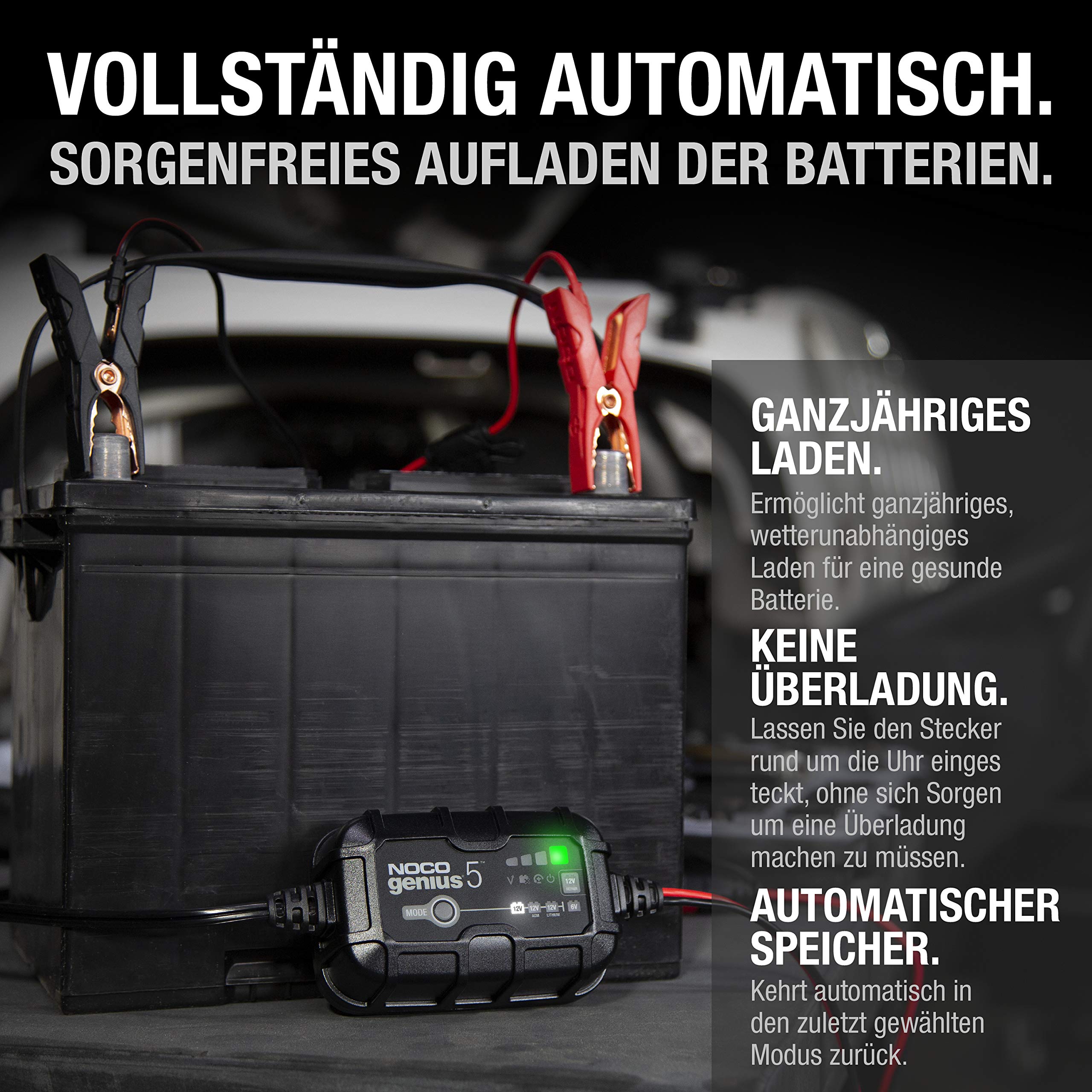 NOCO GENIUS5: 5A Batterieladegerät für Auto & Motorrad — 6V/12V Erhaltungsladegerät & Entsulfator — Für AGM, Lithium (LiFePO4) & Start-Stopp-Batterien