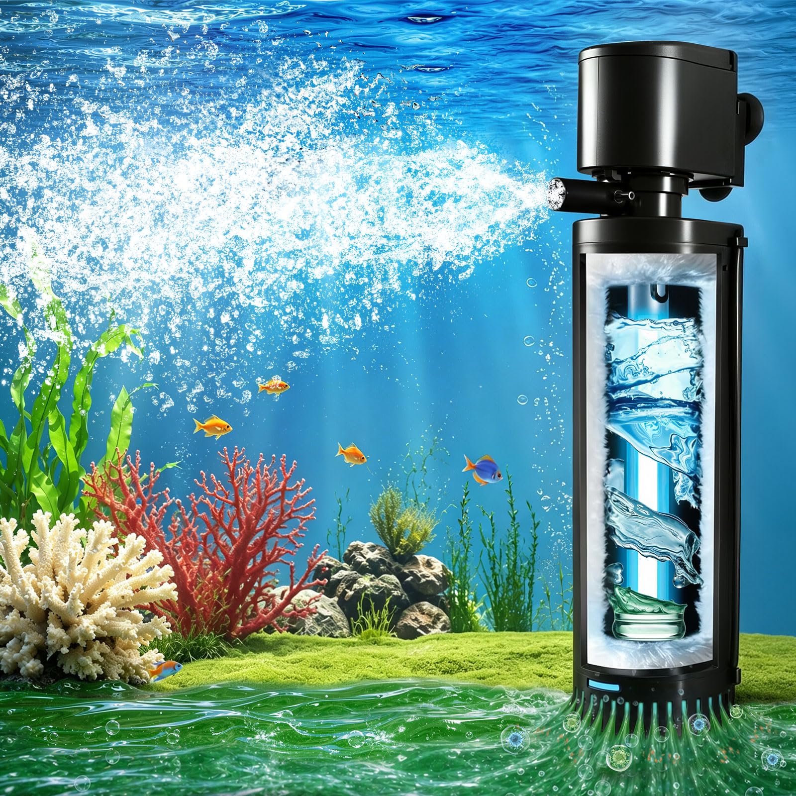 Filtre d'aquarium de 500 gph, stérilisateur UV pour aquarium de 200 à 700 litres, filtre à pompe submersible pour eau verte, machine à tuer les algues vertes ultra silencieuse avec désodorisation