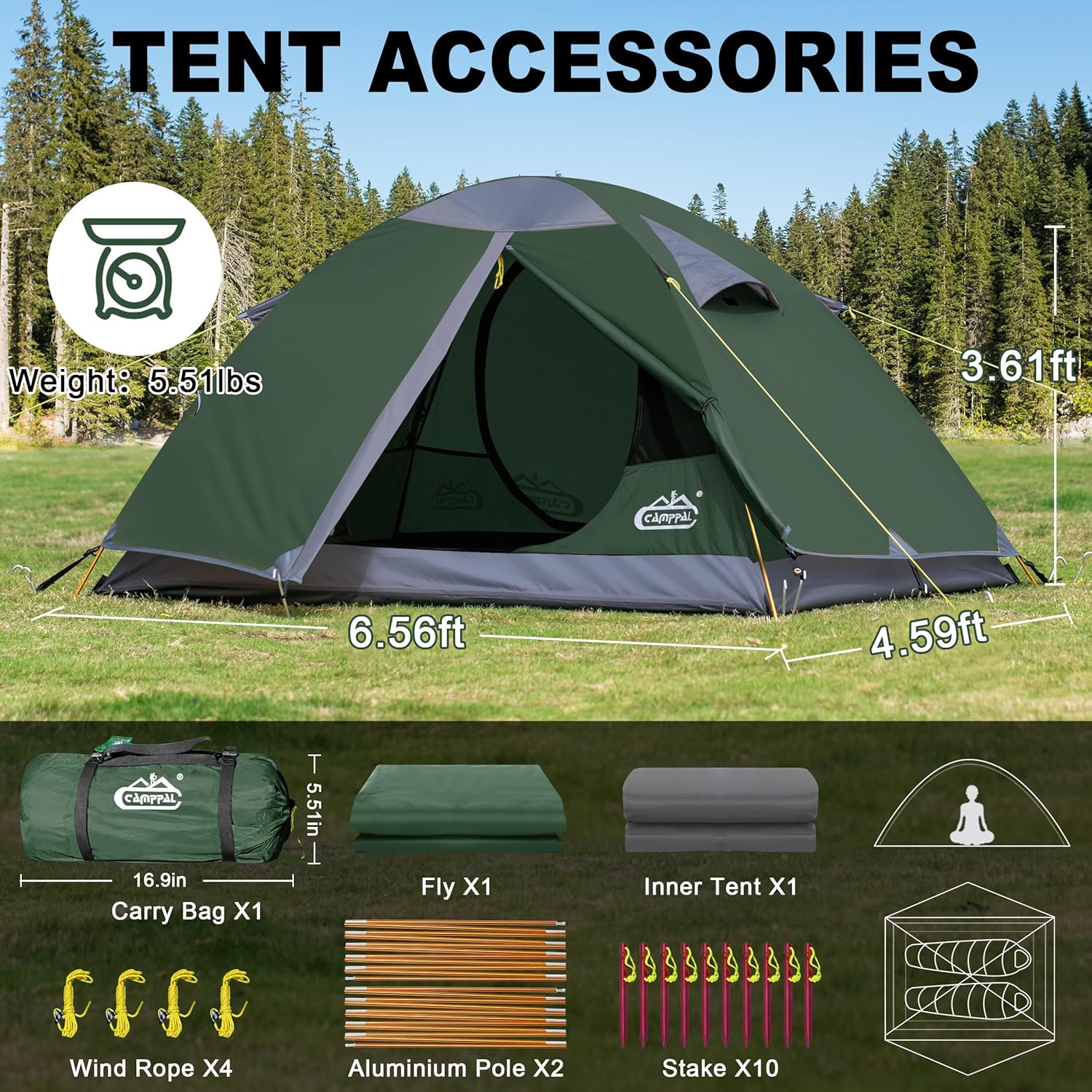 2 Person Backpacking Tent, Waterproof Windproof Two Person Tent, Lightweight Easy Setup 2 Man Tent for Camping Hiking Cycling - Image 7
