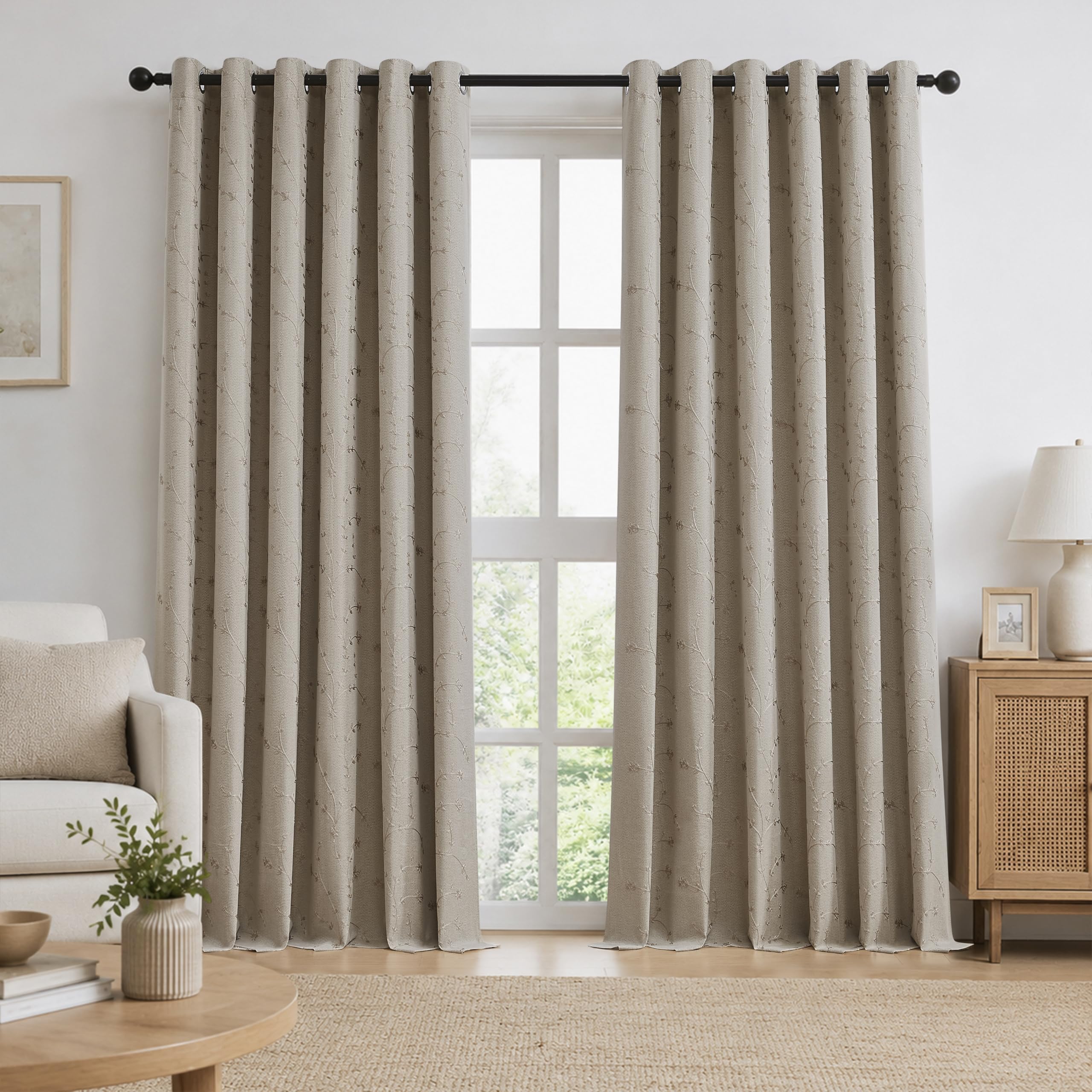 Bujasso Natural Embroidered Floral Blackout Curtain 90"x90"Grommet 2 Panels