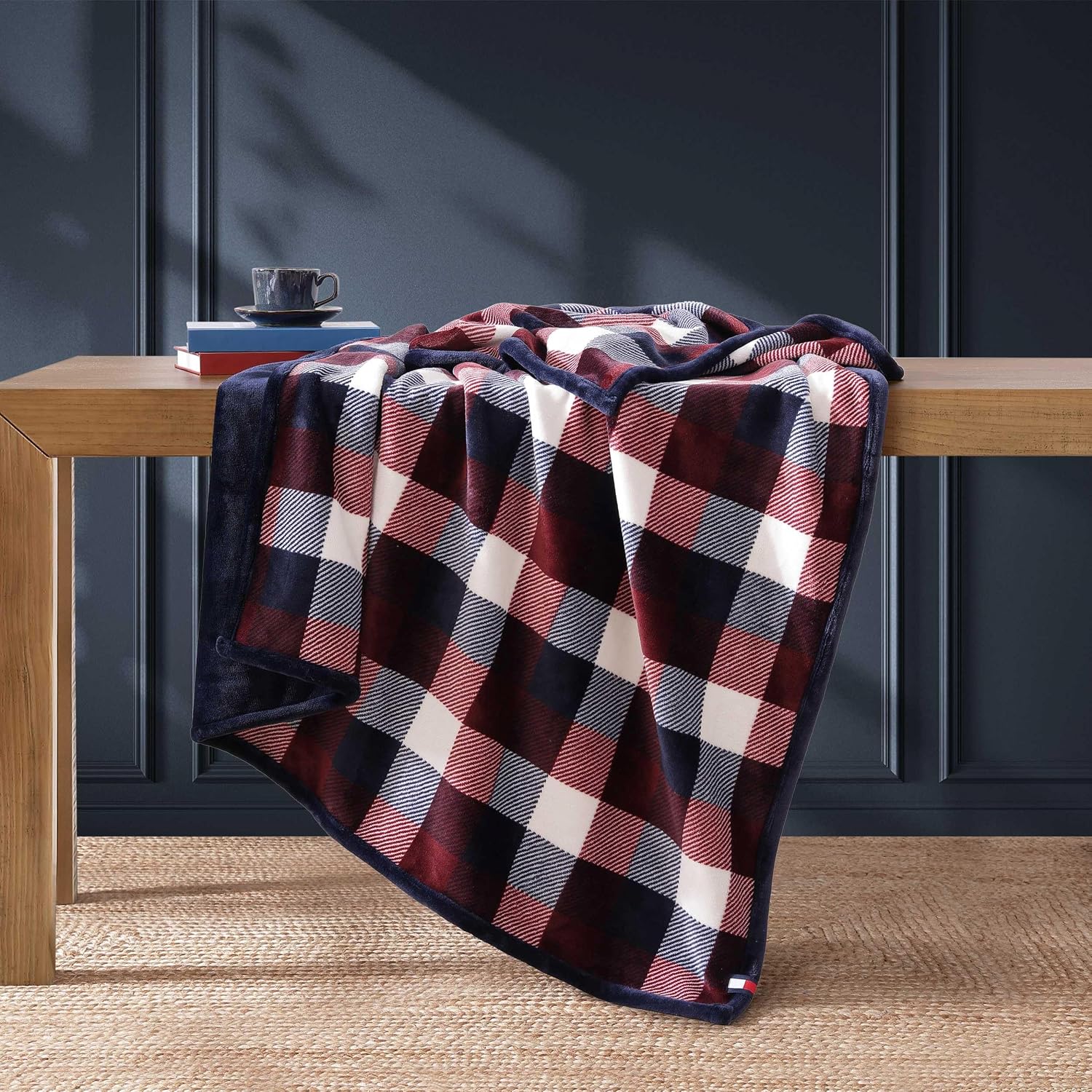 Tommy Hilfiger - Fleece Throw Blanket for Couch 50x70, Ultra Soft Reversible Plush Blanket, Americana Decor, Plaid Throw for Sofa, Bed, Living Room (Derby Red)