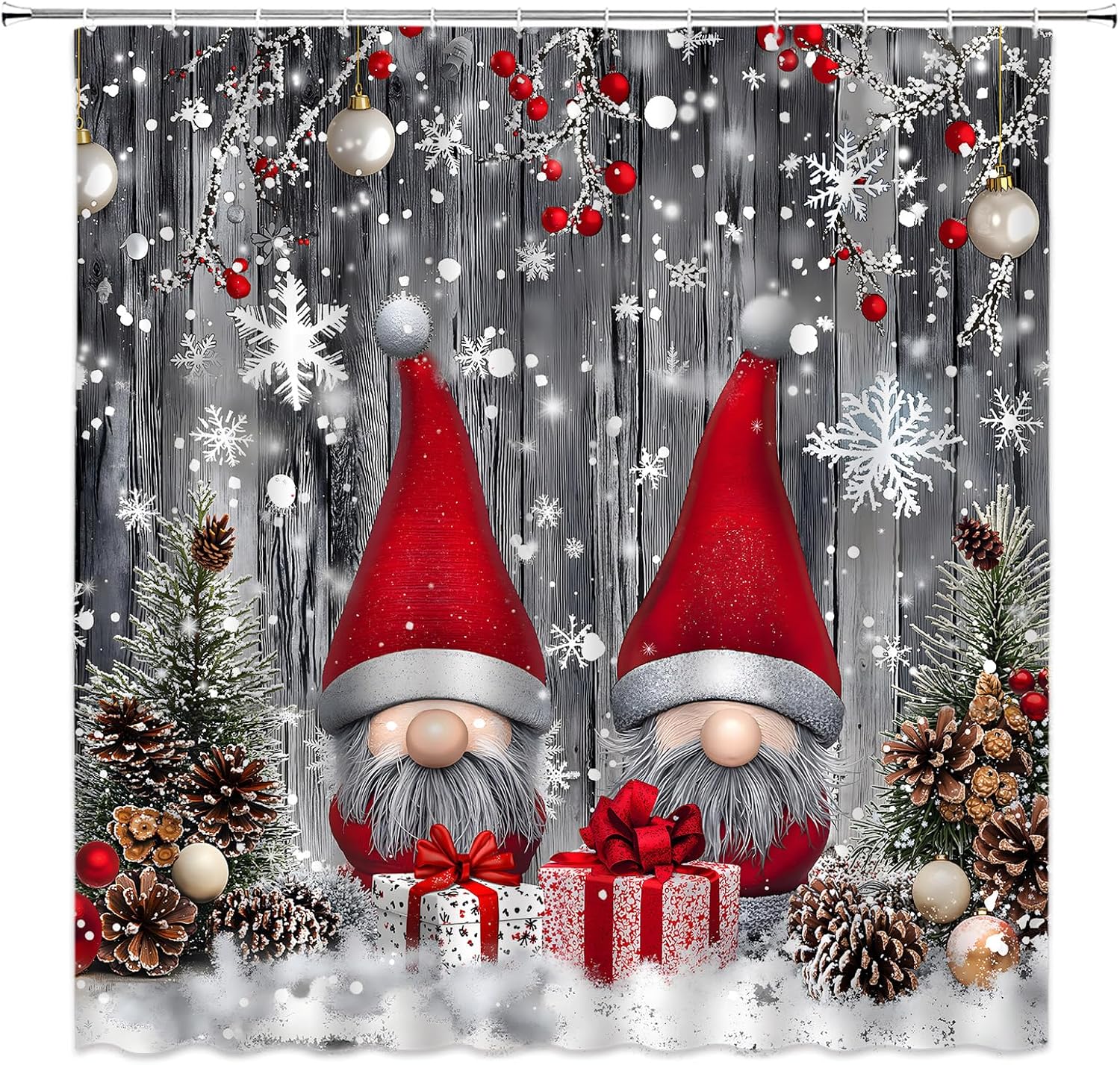Christmas Gnomes Shower Curtain Xmas Rustic Farmhouse Red Christmas Hat Cute Xmas Ball Snowflake Grey Wooden Board Fabric Bathroom Curtain Decor Bath Set with Hooks(84" Wx70 H)