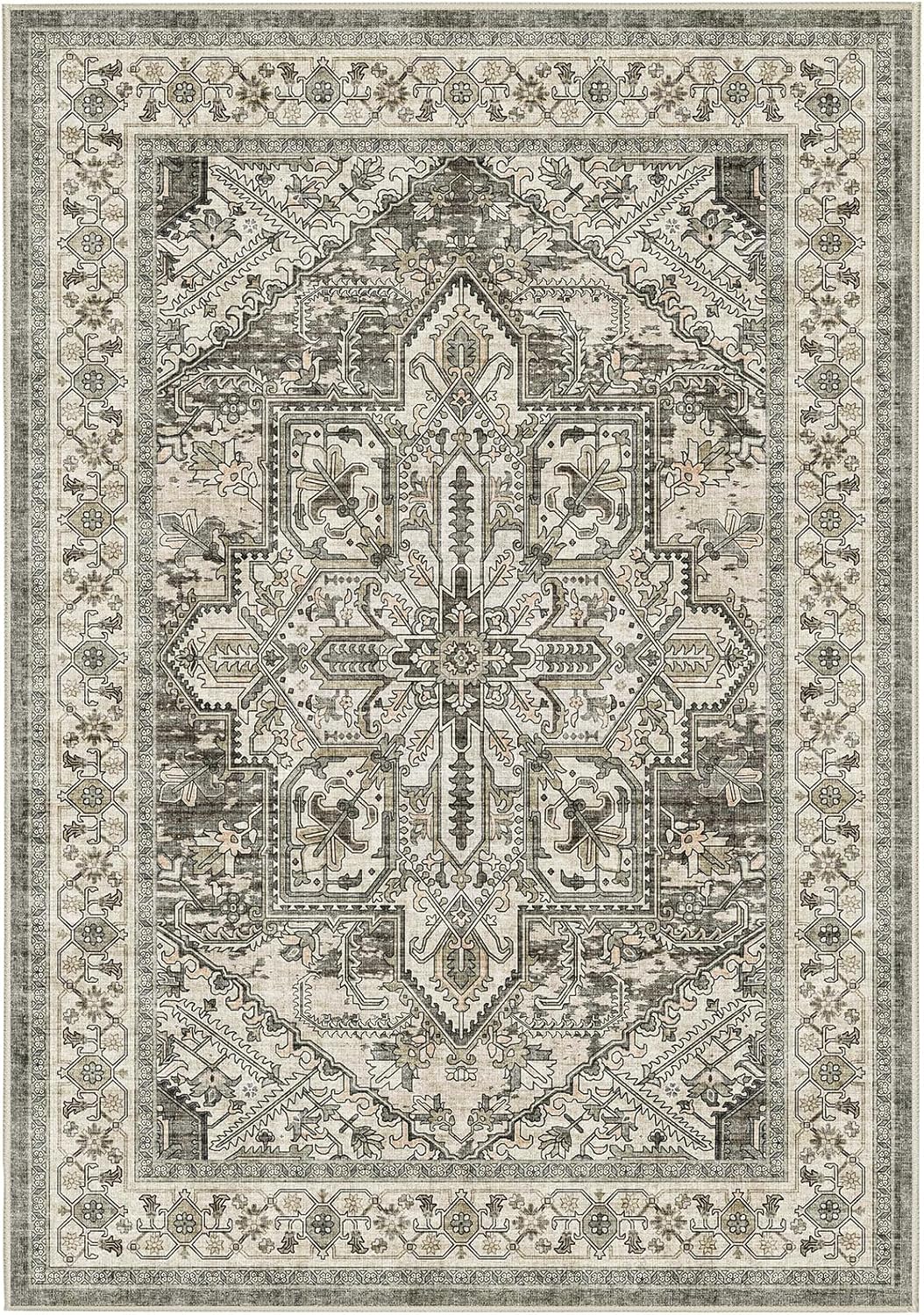 dog mat Machine Washable Non Slip Backing Mat Soft Foldable,Vintage Rugs Mats, Inside Floor Mat Doormat, Brown Lvory 2 pk