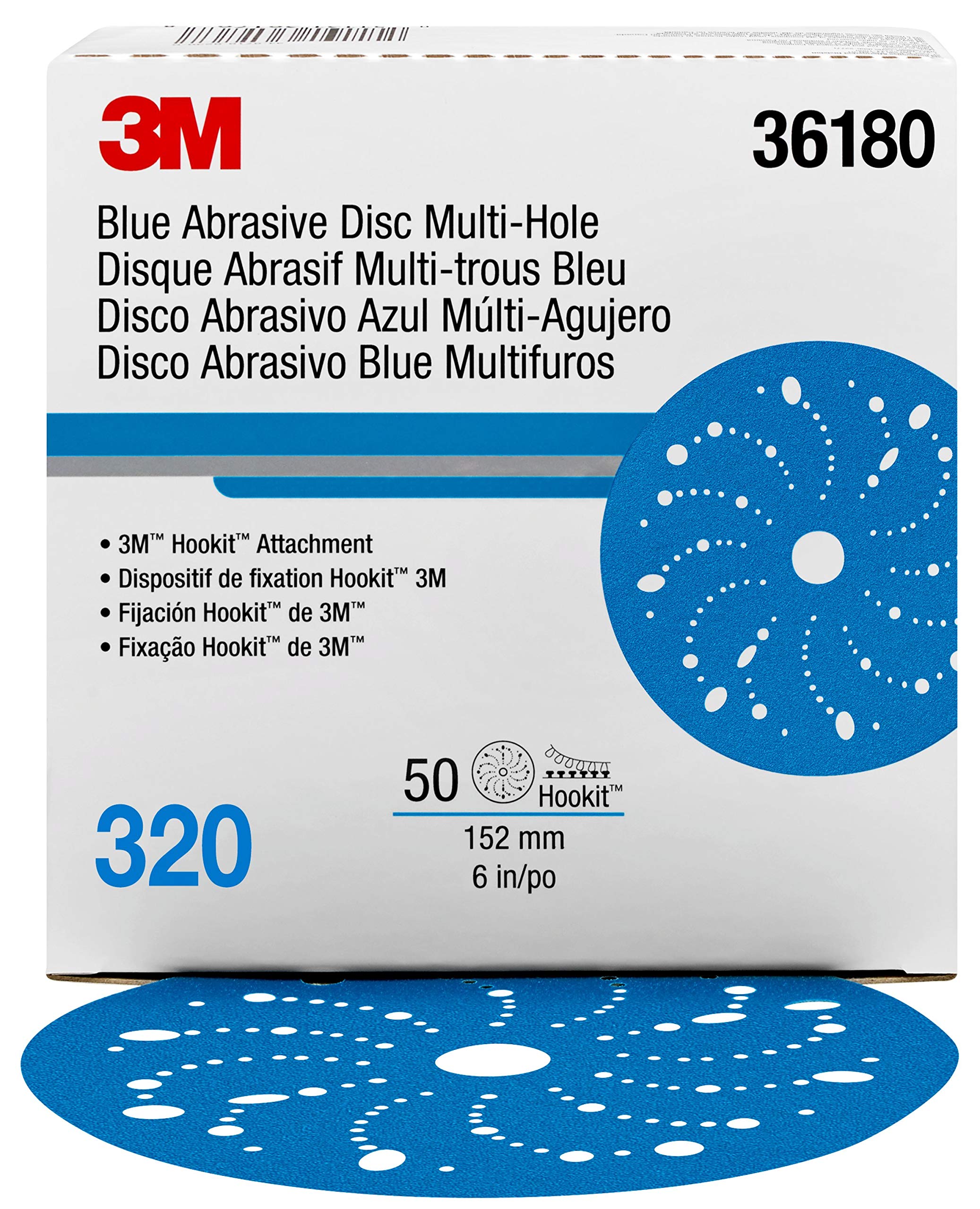 3MAMAPR Hookit 3M Blue Abrasive Discs 36180, Multi-Hole, Featheredging, Primer Sanding, Paint Preparation, 6 in, 320 Grade, 50 Discs/Carton