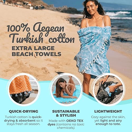 Miniatura 2 de Nova Blue Toalla de playa turca Hibiscus (35 x 67), toalla de playa de gran tamaño a prueba de arena, 100% algodón turco, toalla de playa azul,