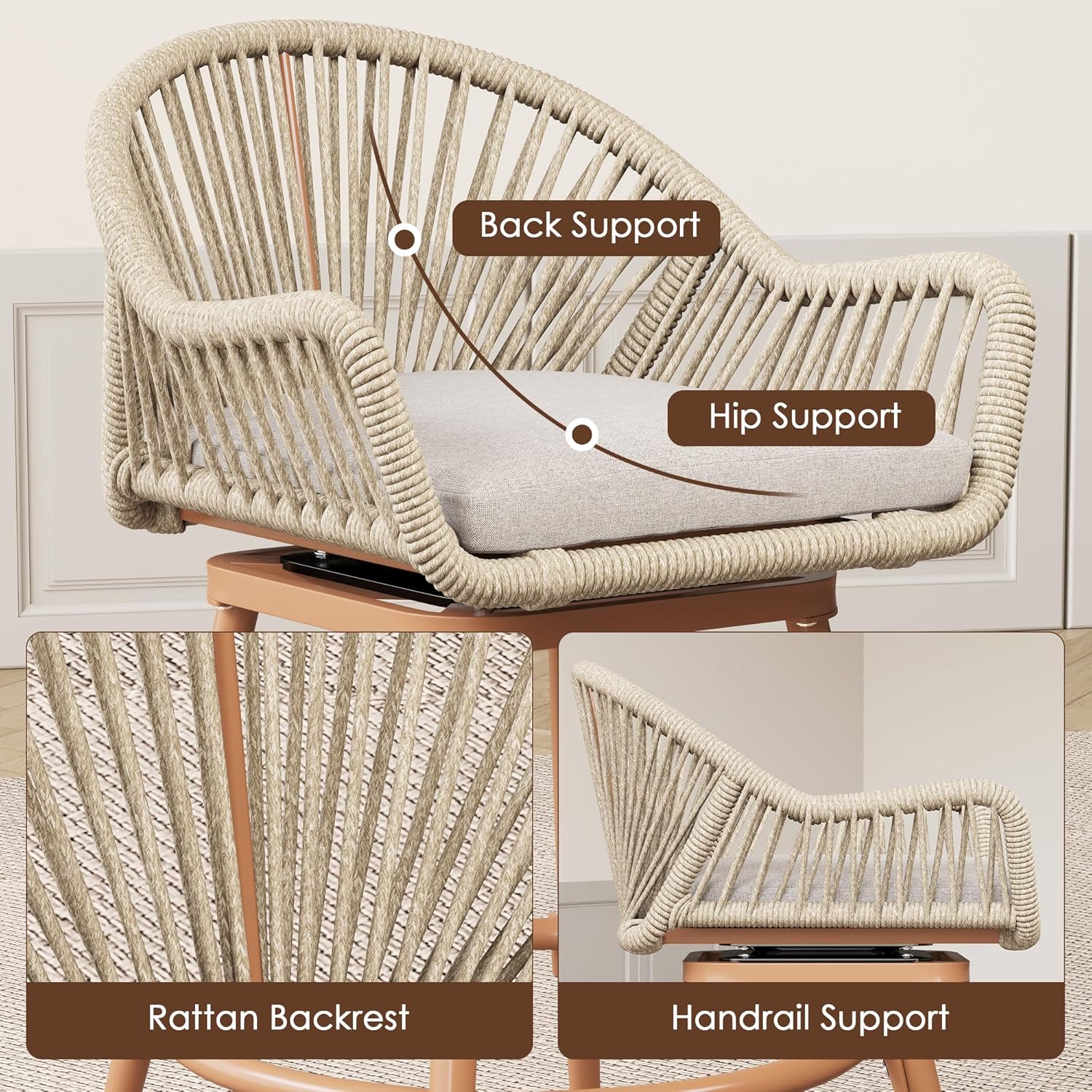 Swivel Bar Stools Set of 2, 24" Height Rattan Barstools with Soft Cushions & Aluminum Legs, Boho Woven Barstools, Modern Kitchen Island Bar Chairs, Beige (Set of 2)