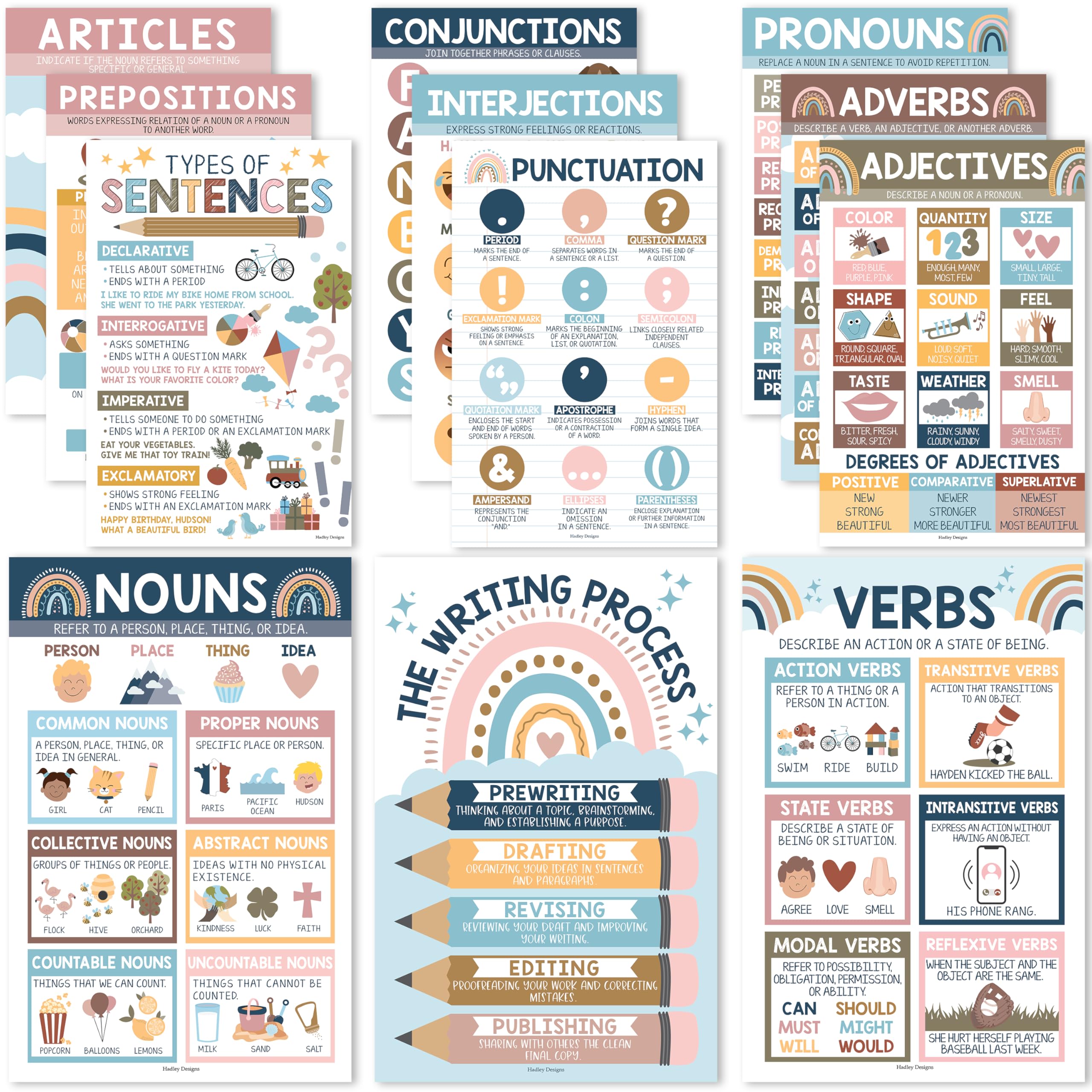 Hadley Designs Parts Of Speech Posters For Classroom - 12 Grammar Posters For Classroom Must Haves, Language Arts For Elementary & Middle School, Writing Process & ELA School, Boho Class Decor