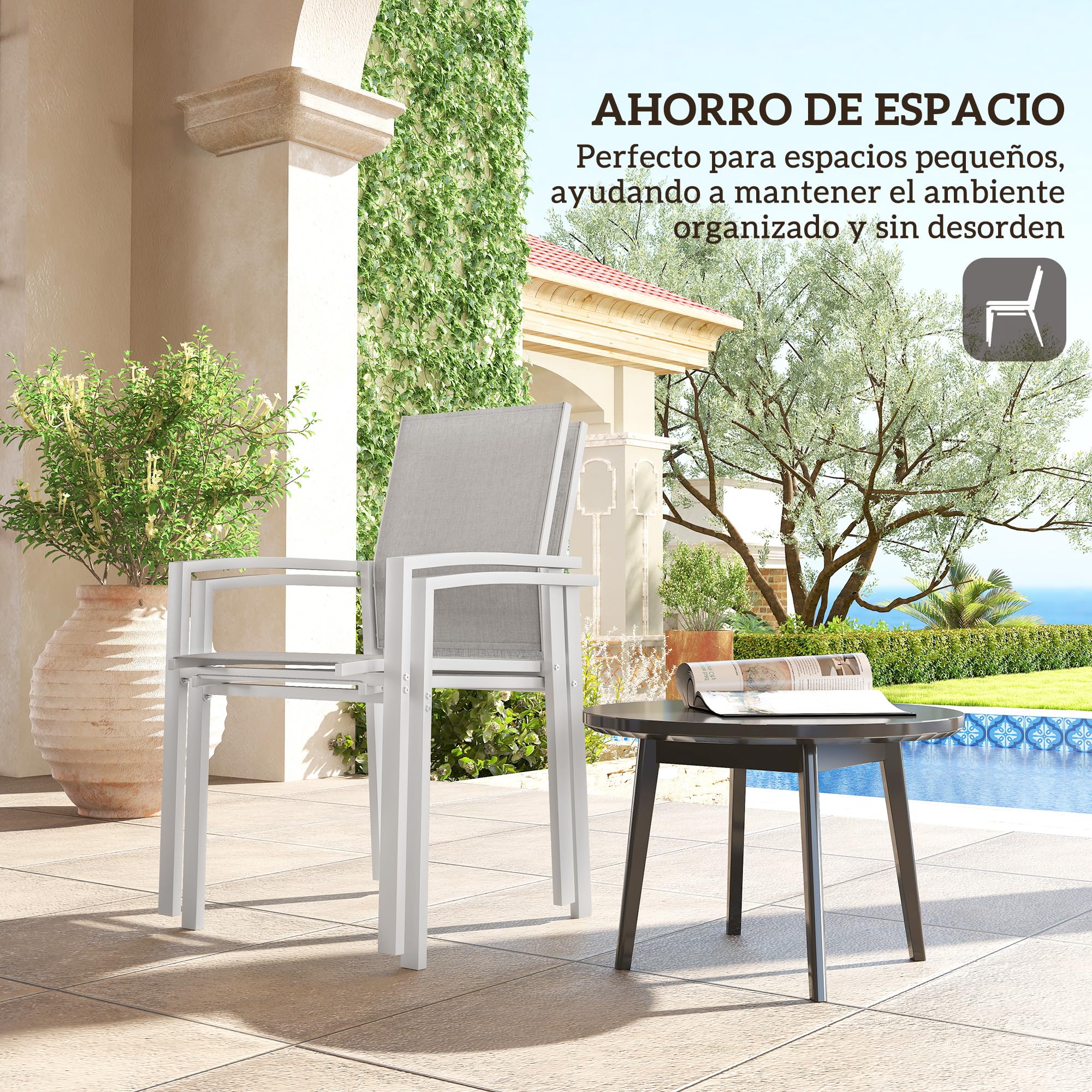 Outsunny Juego de 2 Sillas de Jardín Exterior Sillas Terraza Exterior Apilables Sillones de Comedor con Tela Transpirable Marco de Acero Reposabrazos y Respaldo 56x58x89 cm Gris Claro