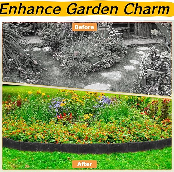 30/40 Pcs Garden Edging Border, Plastic Stone Effect 24/32ft Landscape/Lawn Edging Garden Decor Fence for Garden Lawn Landscape Flower Bed Patios DIY Yard No Dig (30, Black) - 5