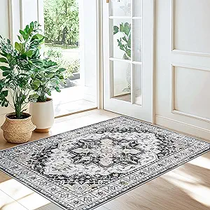 Madane Washable Area Rug 2x3, Small Entryway Rug Non-Slip Vintage Door Mat Indoor Entrance, Low Pile Floor Carpet for Inside Front Door Bedroom Kitchen Entry Laundry (2'x3', Black)
