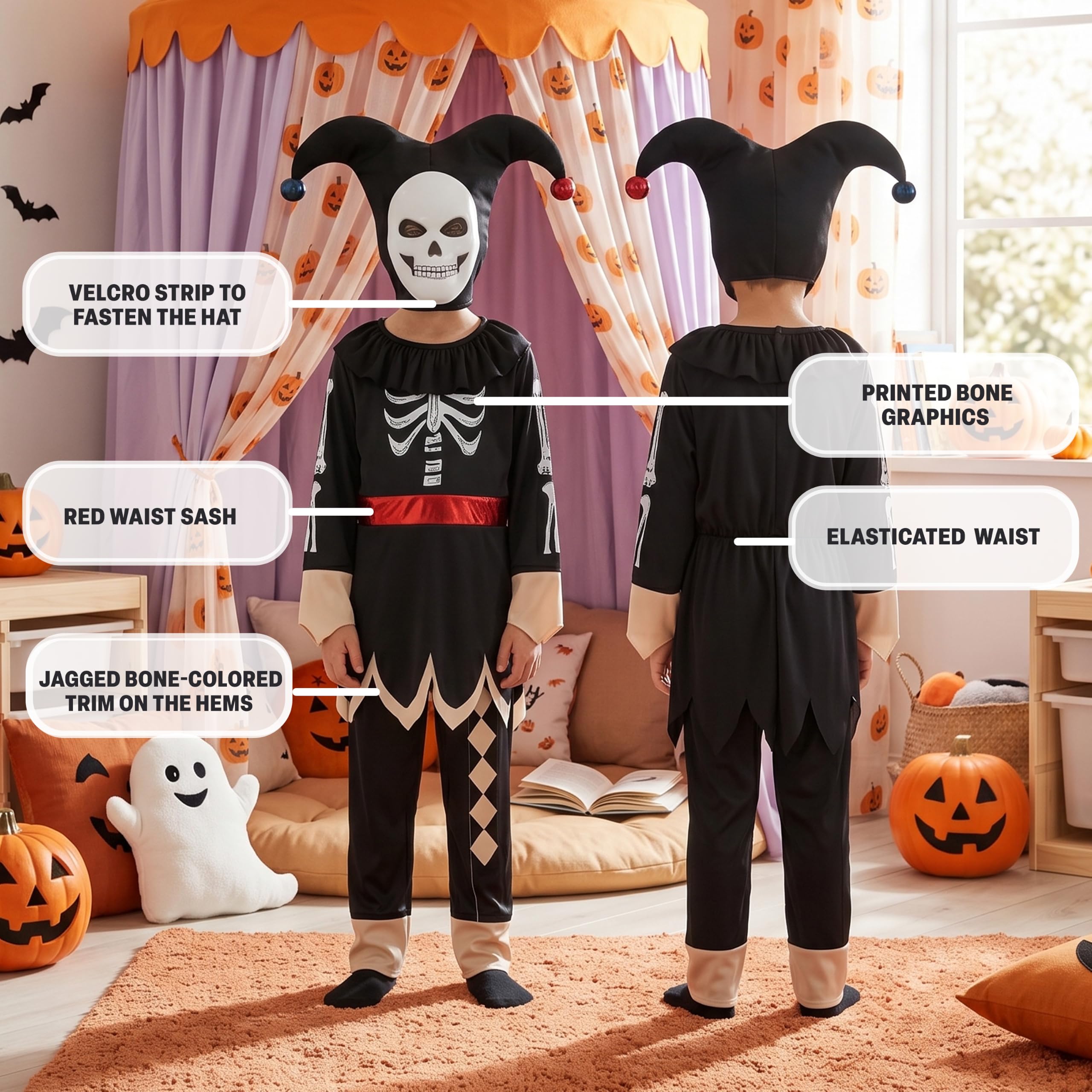 Get Trend Halloween Costume Bambino e Bambina Travestimento Spaventoso per Feste, Dolcetto o Scherzetto, Giullare, Demone, Gladiatore, Clown e Mietitore Scheletro Vestito Carnevale, Idee Regalo