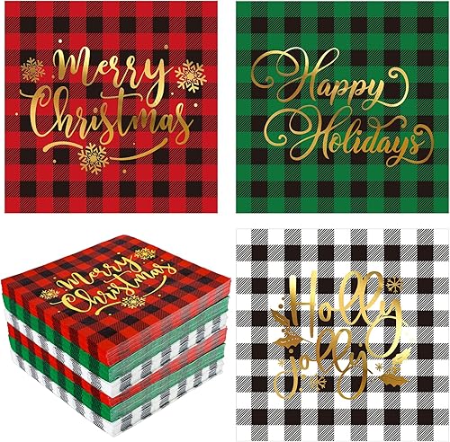 Whaline Paquete de 90 servilletas de papel de Navidad con patrón de búfalo dorado a cuadros servilletas desechables de Navidad saludos de Navidad