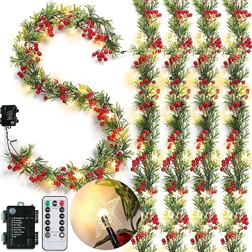 Duraaamo 5 guirnaldas de Navidad preiluminadas con luces de estrella de 6 pies, 20 luces LED, guirnalda de bayas de acebo, funciona con pilas, con 8