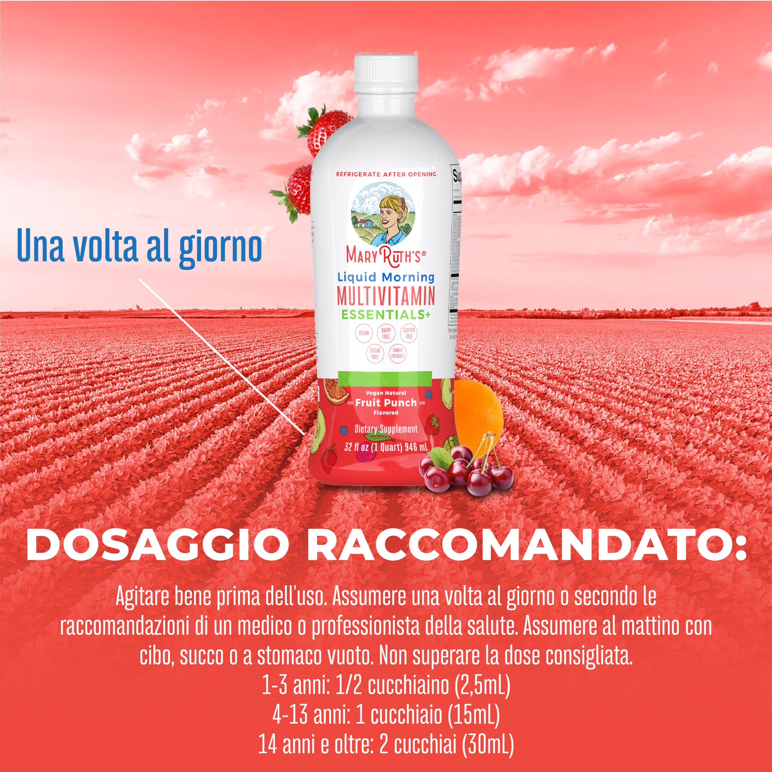 MaryRuth Organics, Liquid Morning Multivitamin Essentials+, Vitamine e Minerali Essenziali, Senza Zucchero, Gusto Punch alla Frutta, 946ml, Vegan, Senza Glutine