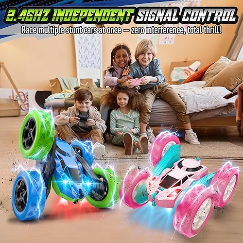 Vista 59 de Auto de control remoto para niños, auto de acrobacias RC giratorio de 360°, vehículo eléctrico 4WD de doble cara con luces LED, autos de juguete