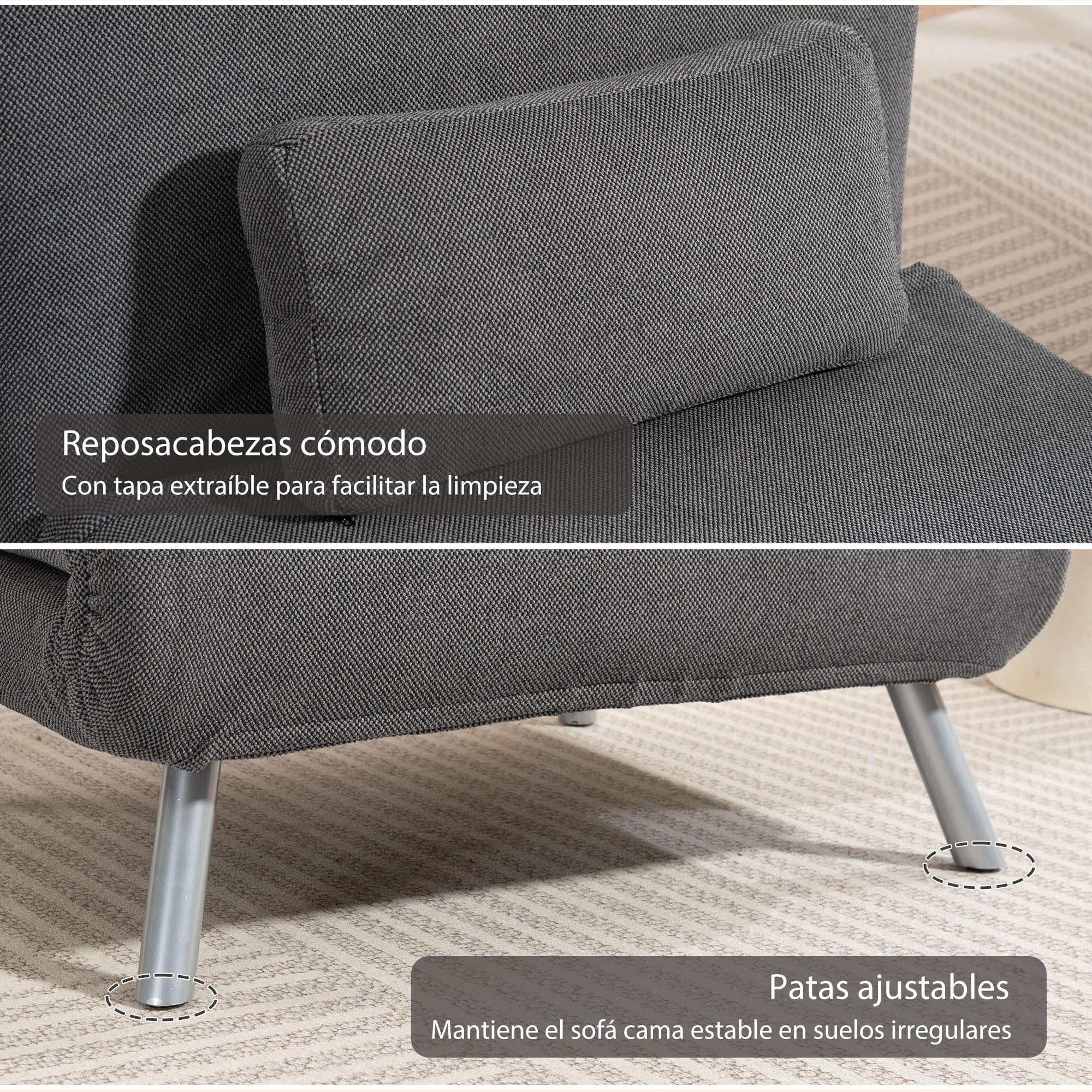 HOMCOM Sofá Cama de 1 Plazas 3 en 1 Sillón Cama Plegable Tapizado en Pata de Gallo con Respaldo Ajustable de 5 Niveles y Almohada Acolchada para Oficina Dormitorio Salón 80x75x83 cm Negro